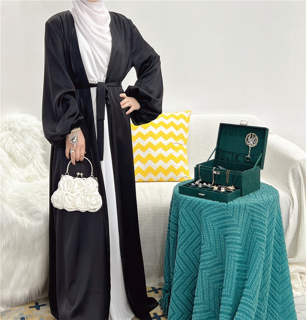 HAYA0481 Solid Color Satin Coat Robe Open Abaya