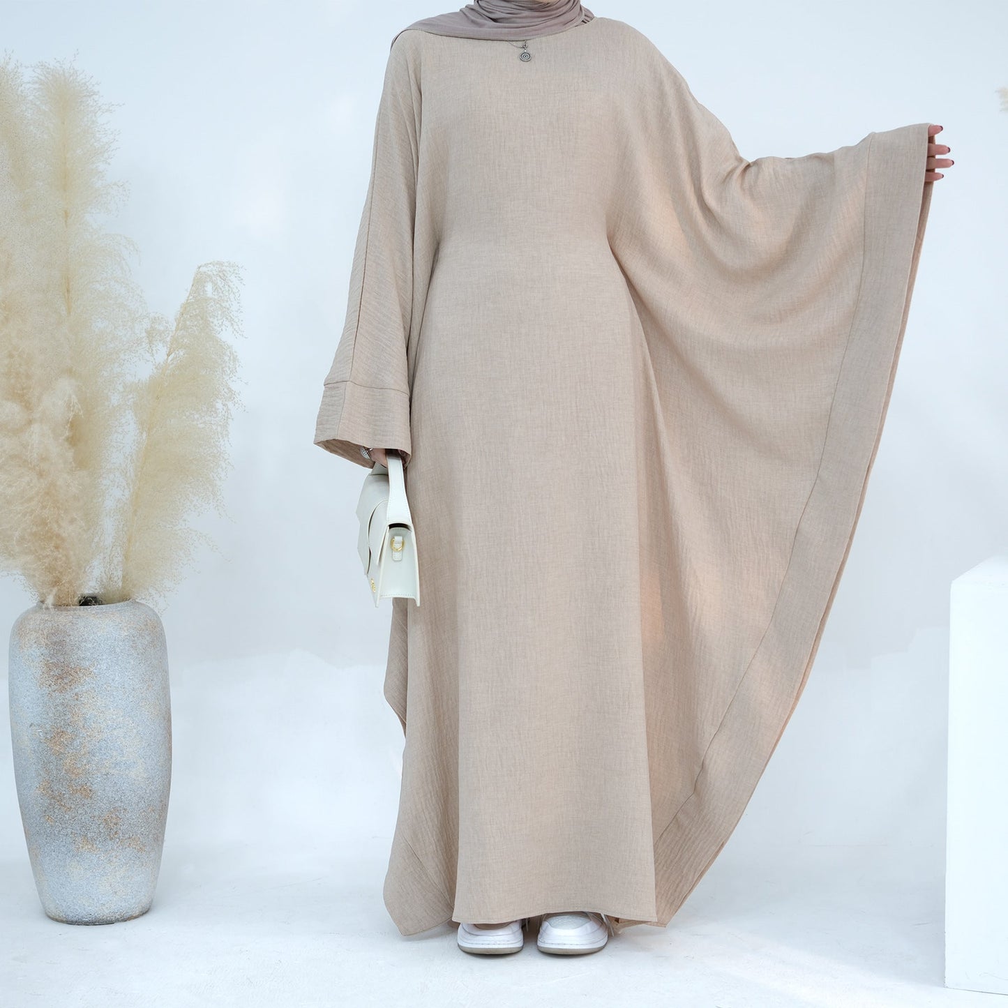 HAYA HA1177 Waist Raging Bat Sleeves Dress Crepe Kaftan with Built-in Belt