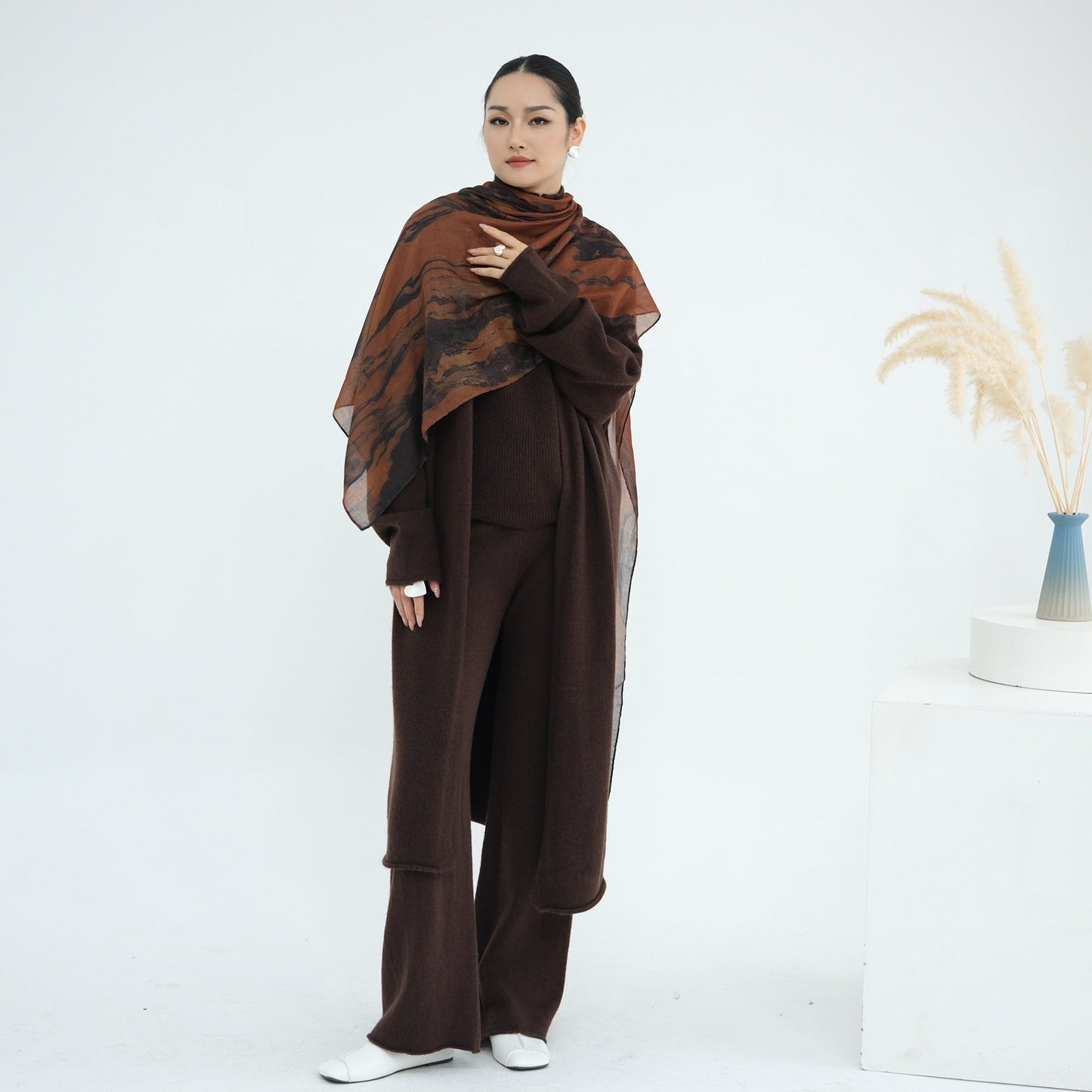 HA6603 Thickened knitted three-piece long coat set (with optional headscarf)
