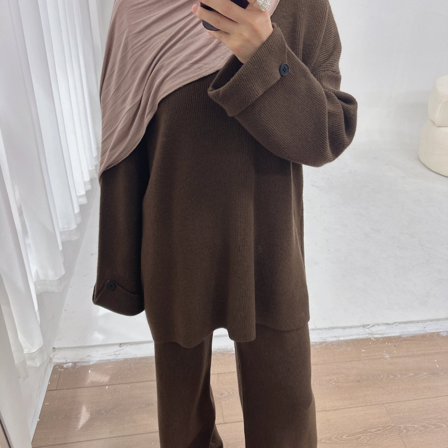 HA6600 Autumn and winter thickened knitted suit solid color two-piece suit (headscarf not included) cuff button design