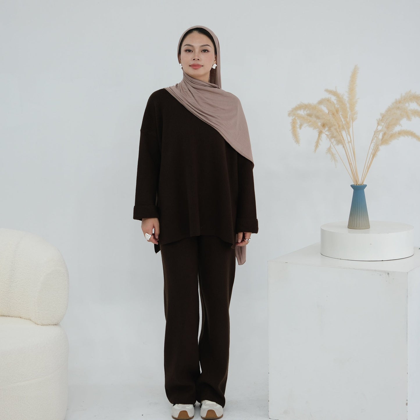 HA6599 Autumn and Winter Thickened Knitted Suit Solid Color Two-piece Suit (excluding Headscarf) Top + Trousers