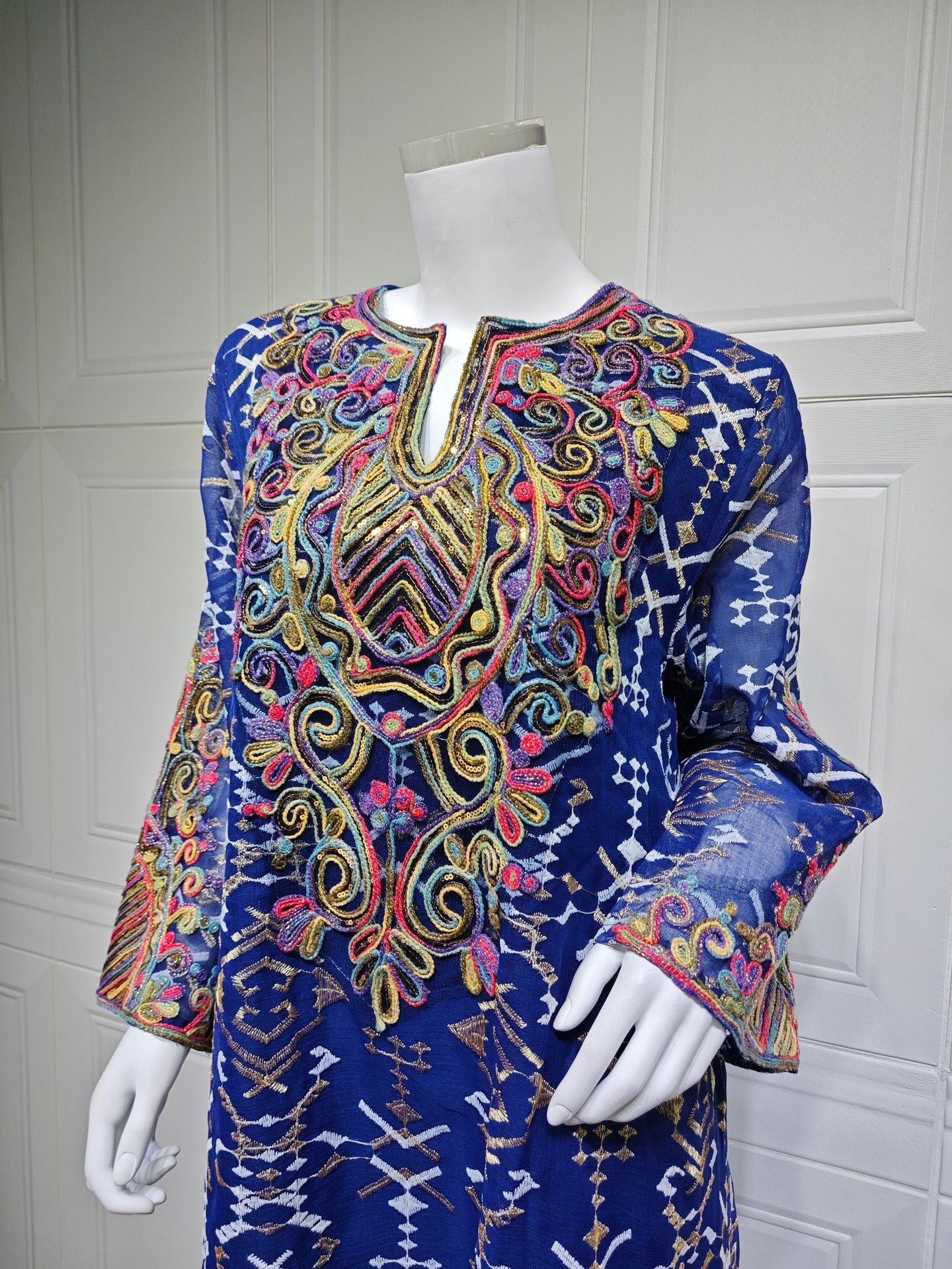 HA6663 Mesh Embroidery Patchwork Long-sleeved Dress, Robe-style Loose Fit
