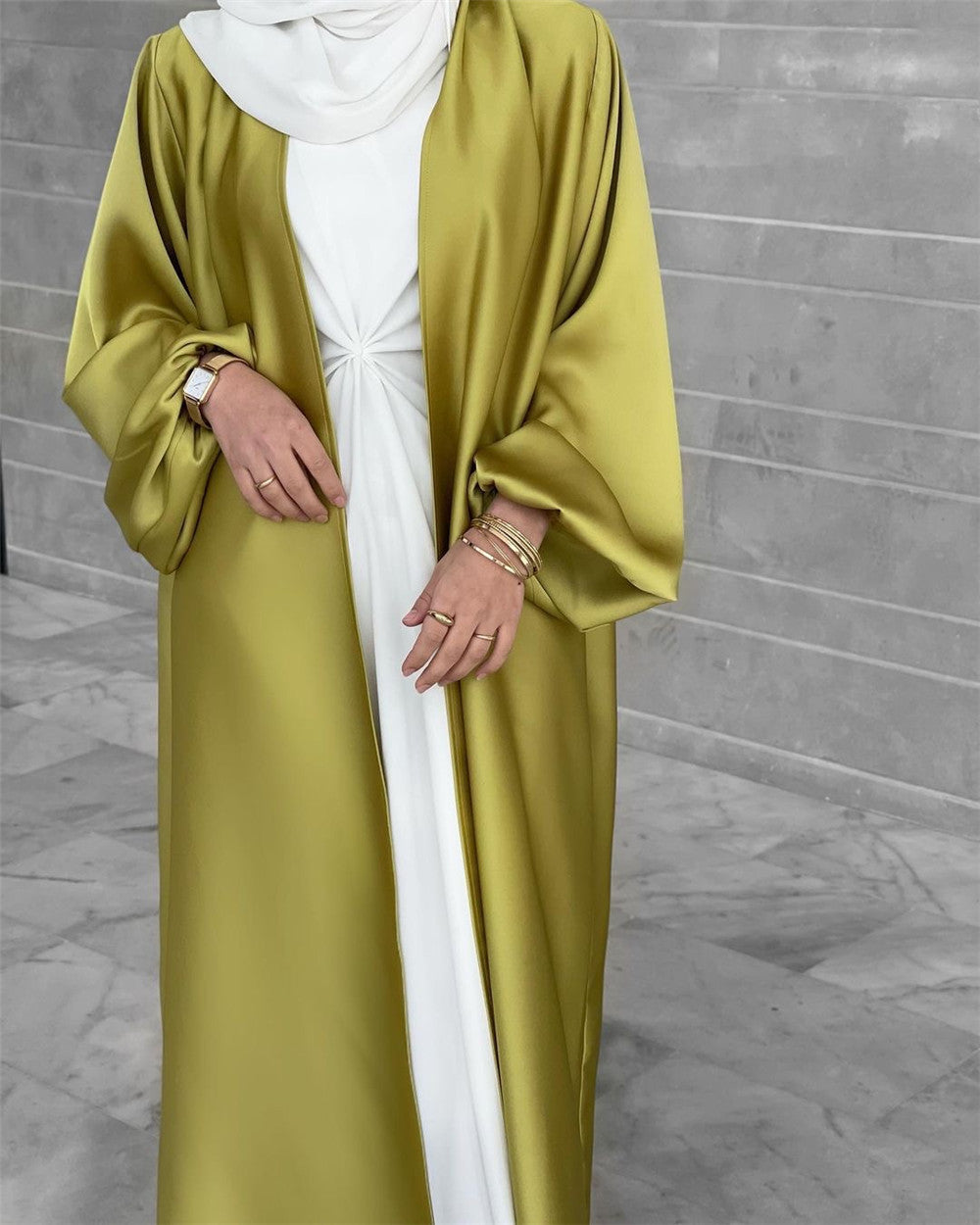 HAYA0481 Solid Color Satin Coat Robe Open Abaya