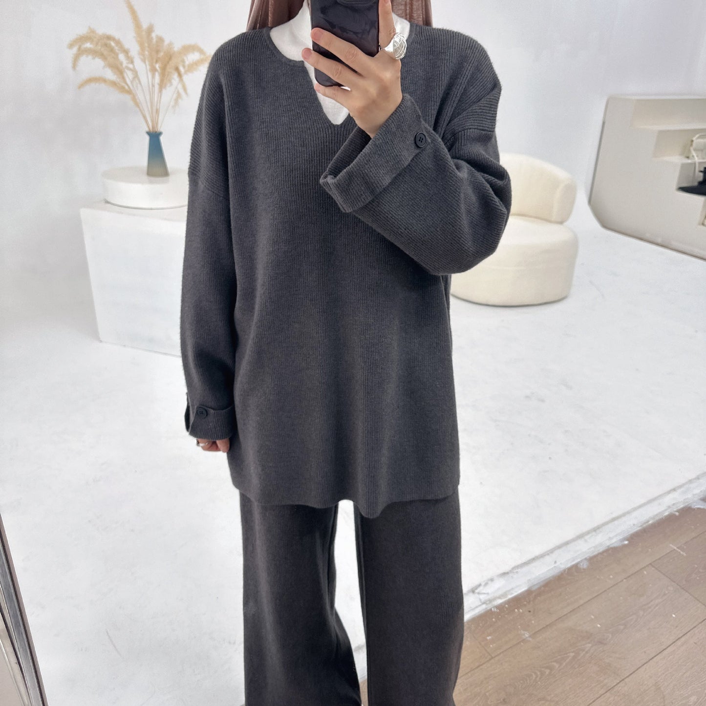 HA6600 Autumn and winter thickened knitted suit solid color two-piece suit (headscarf not included) cuff button design