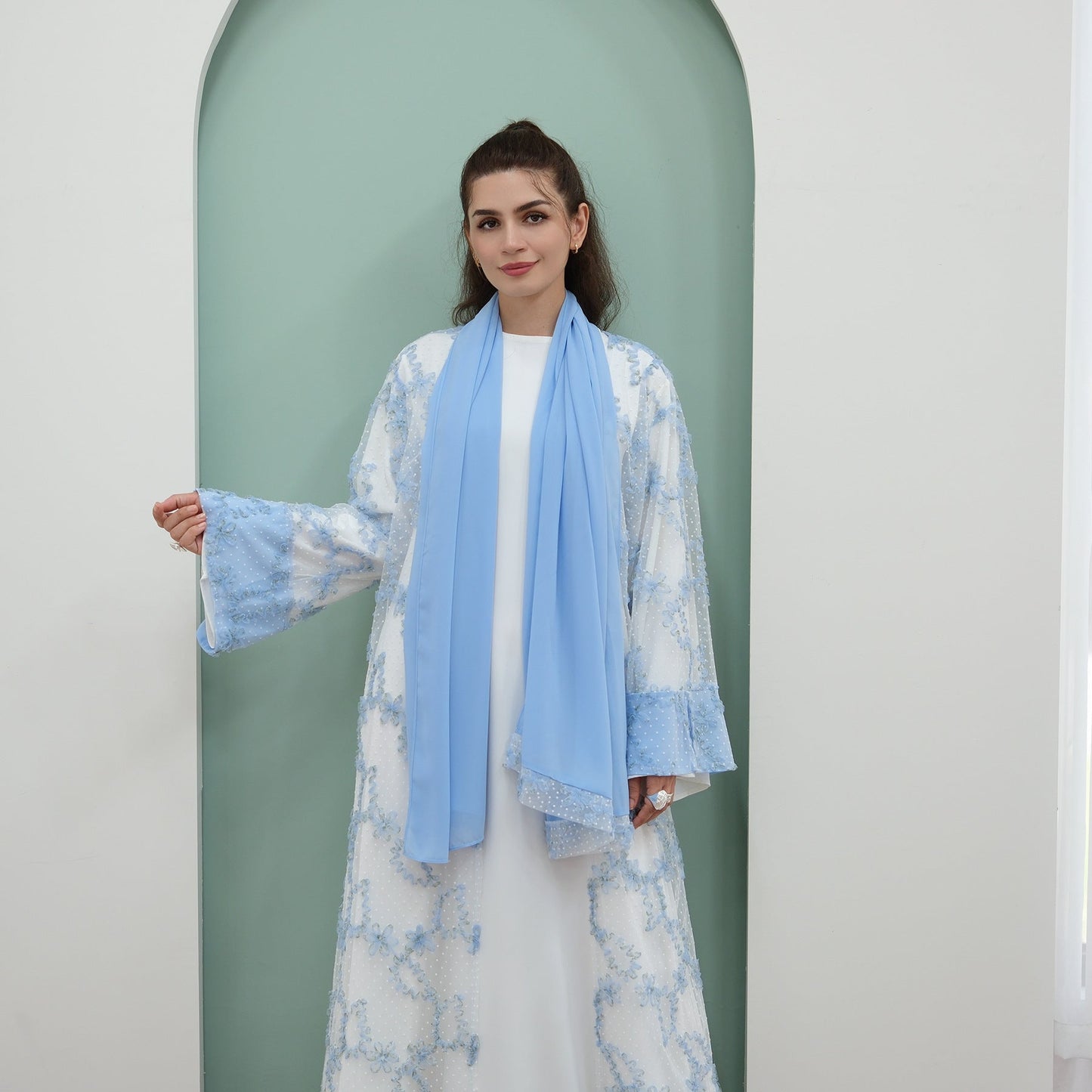 HA6622 3D flower mesh cardigan (optional headscarf and inner layer)