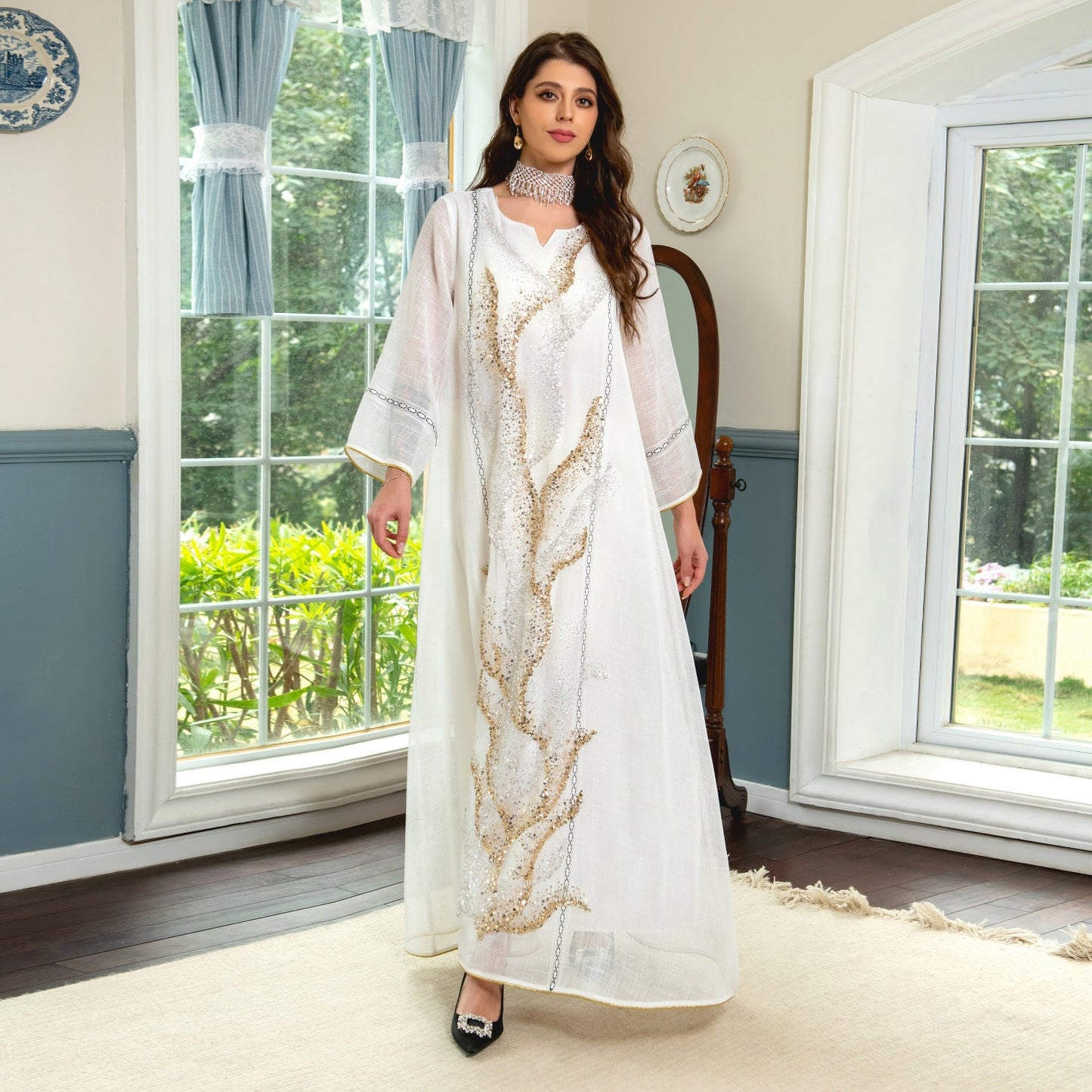 HA6637  Mesh Sequined Embroidered Long Dress
