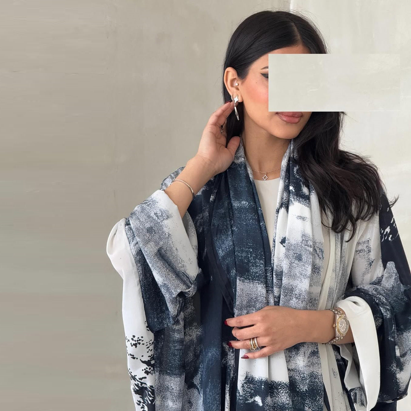HA6638 Chiffon Printed Cardigan Two-piece Long Coat with Headscarf