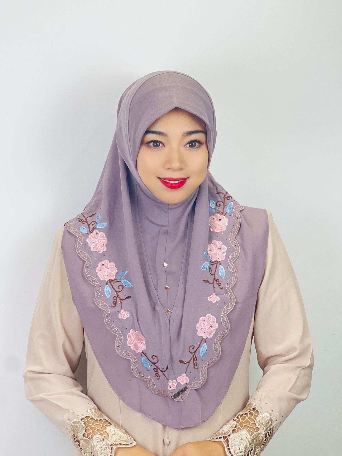 HAYA HA1105 Double Layered Floral Embroidered Lace Headscarf for Women