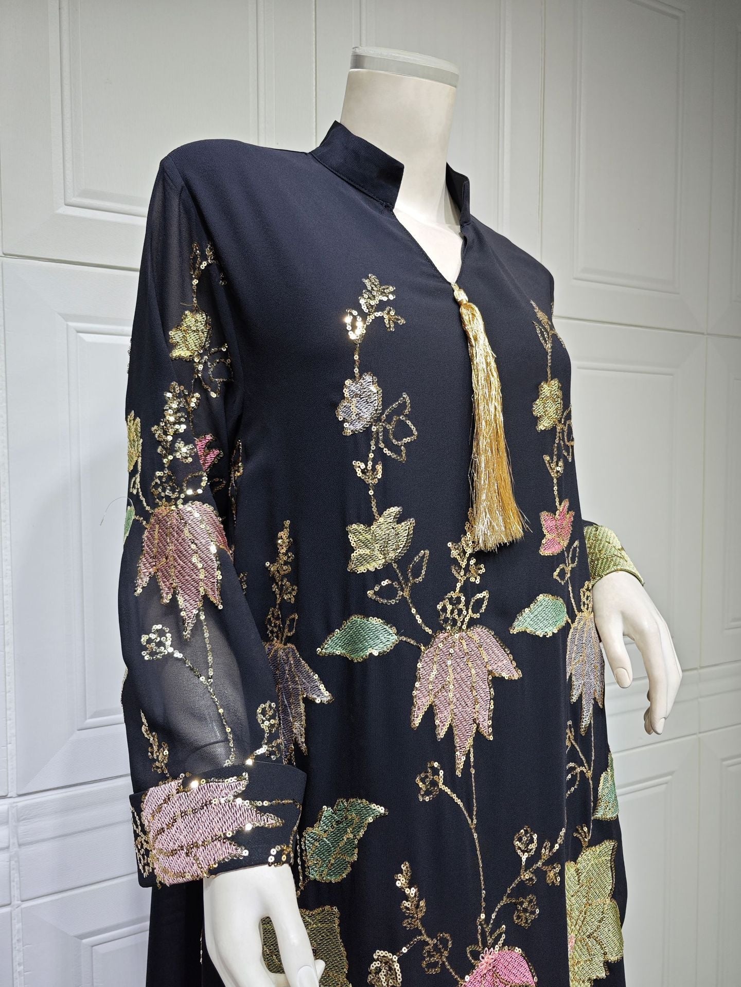 HA6649 Sequined Embroidered Tassel Long Robe, Elegant and Sophisticated Dress