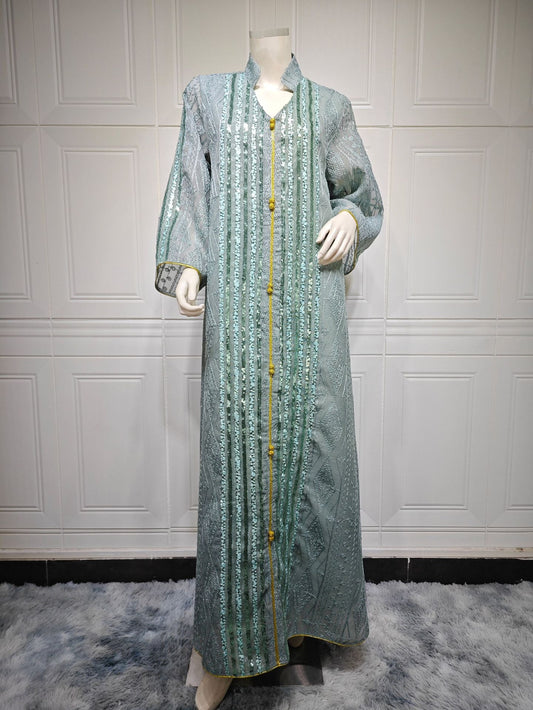 HA6662 Mesh embroidery sequin patchwork long-sleeved dress, loose robe style