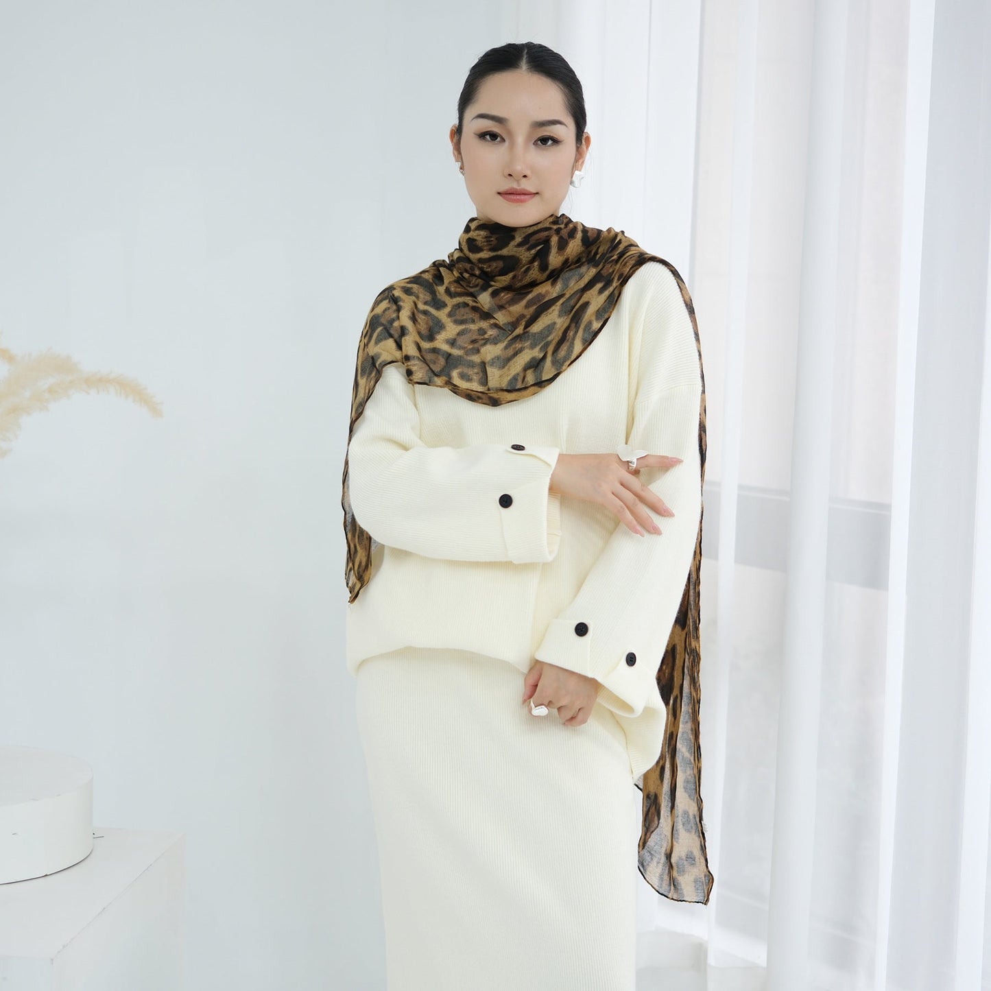 HA6601 Autumn and Winter Thickened Knitted Suit Solid Color Two-piece Skirt Suit (optional Headscarf)