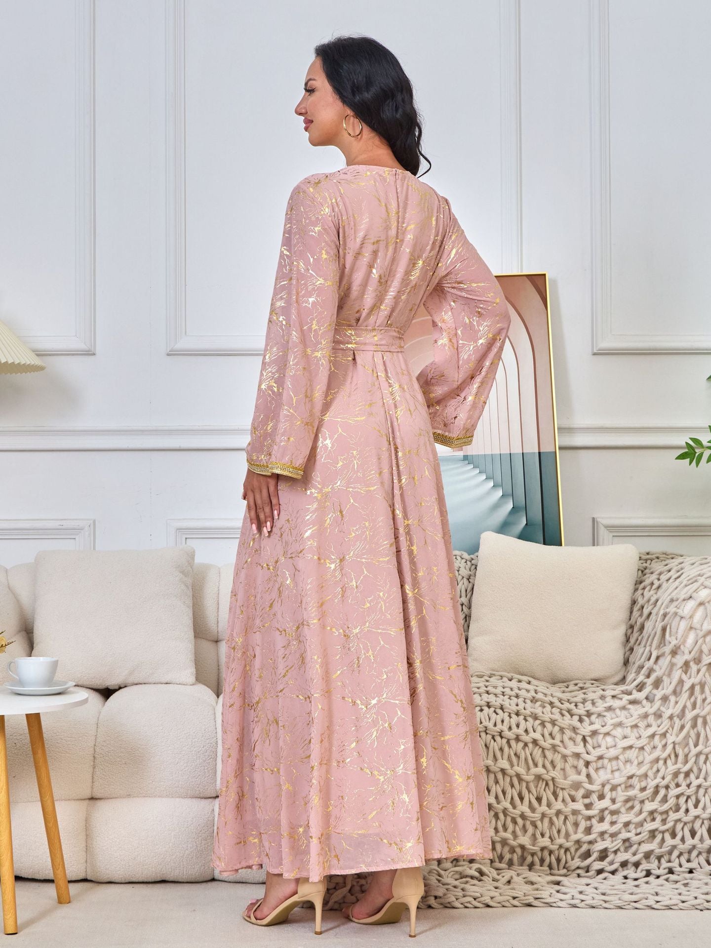 HS6731 V-neck gold-embroidered robe maxi dress