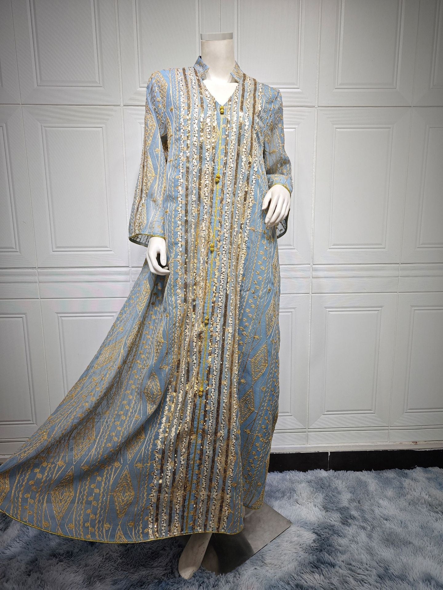 HA6662 Mesh embroidery sequin patchwork long-sleeved dress, loose robe style