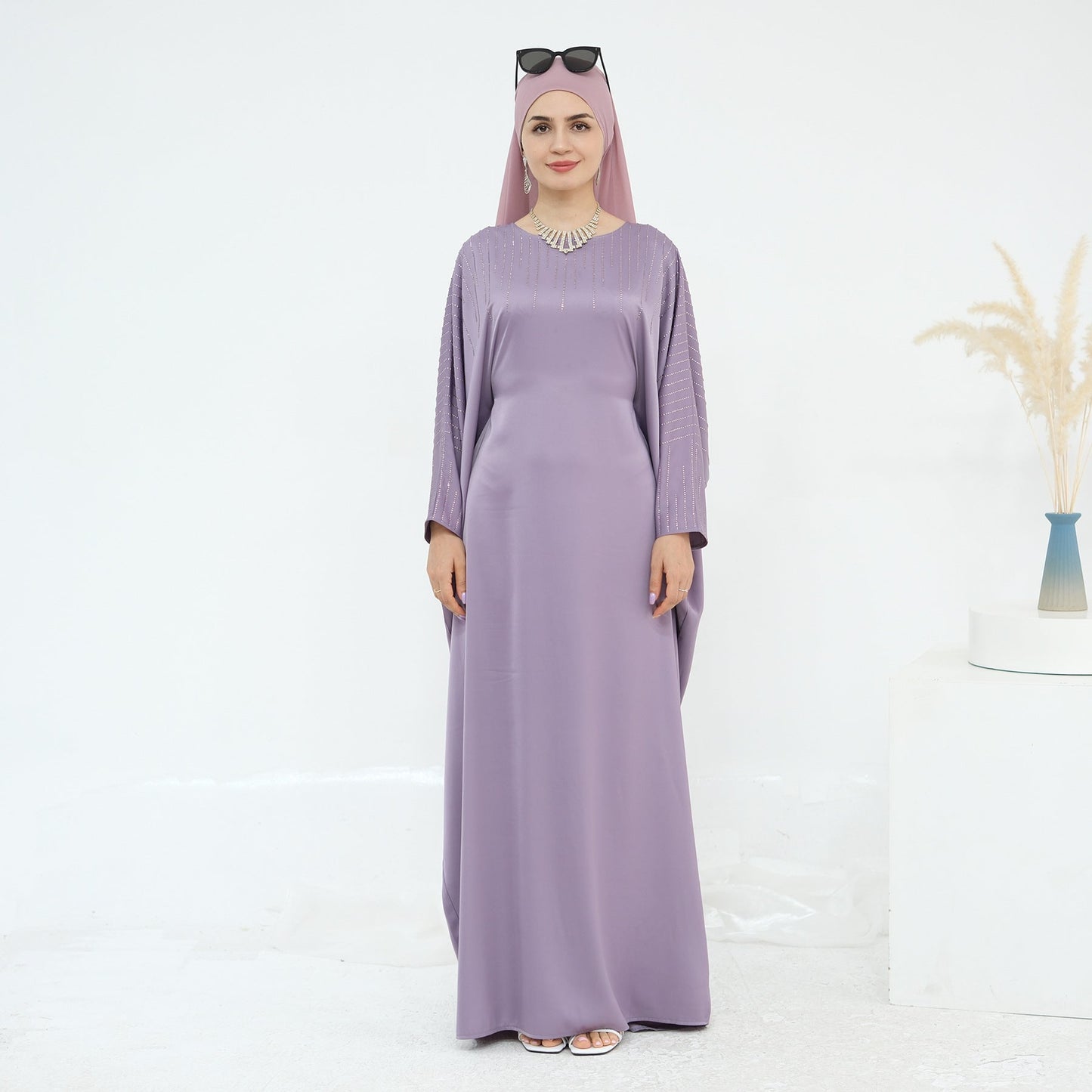 HA6610 Rhinestone-embellished long Abaya dress (headscarf not included)