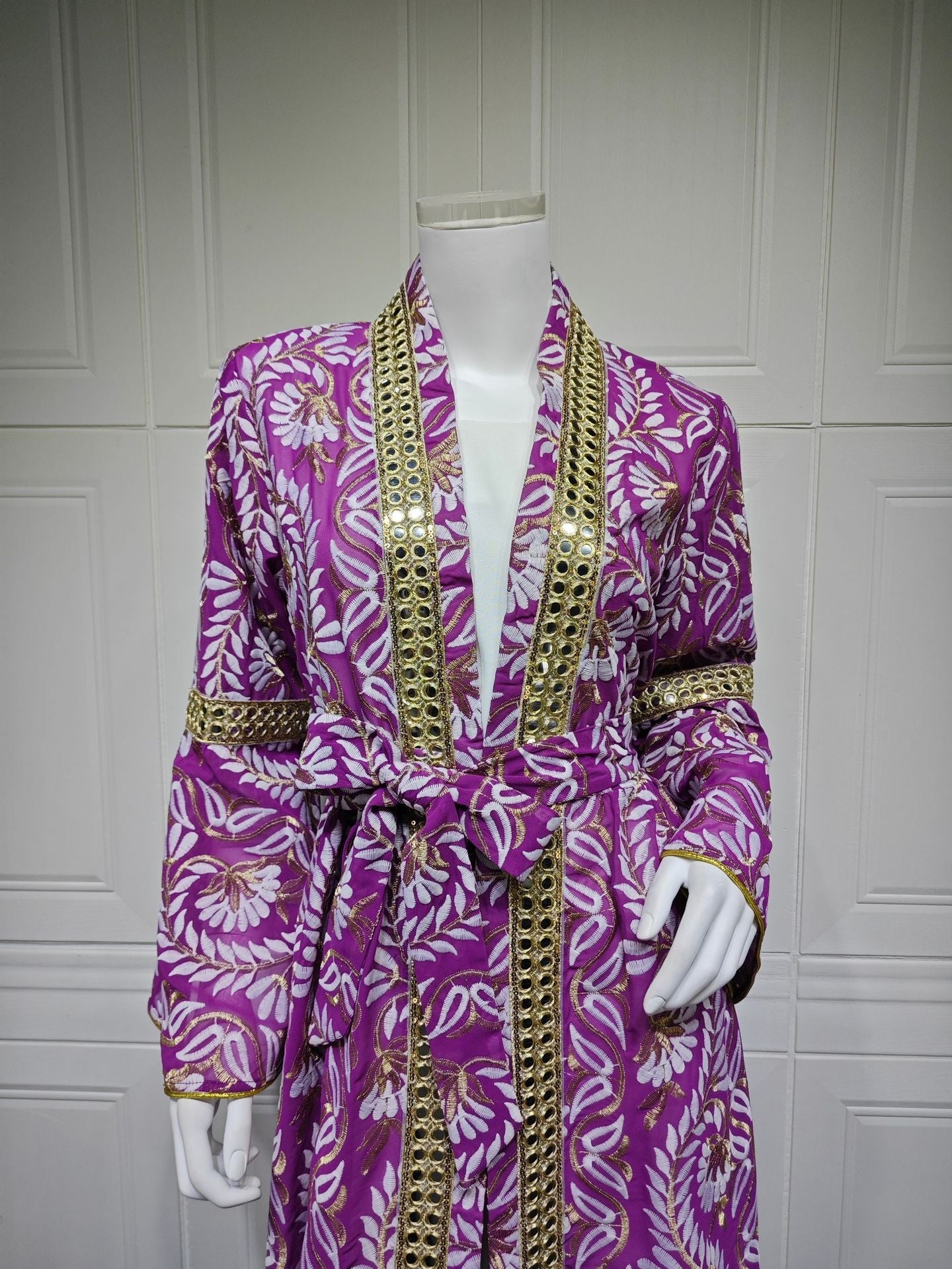 HA6664 Waist-cinching belted long dress set with lightweight printed jacket