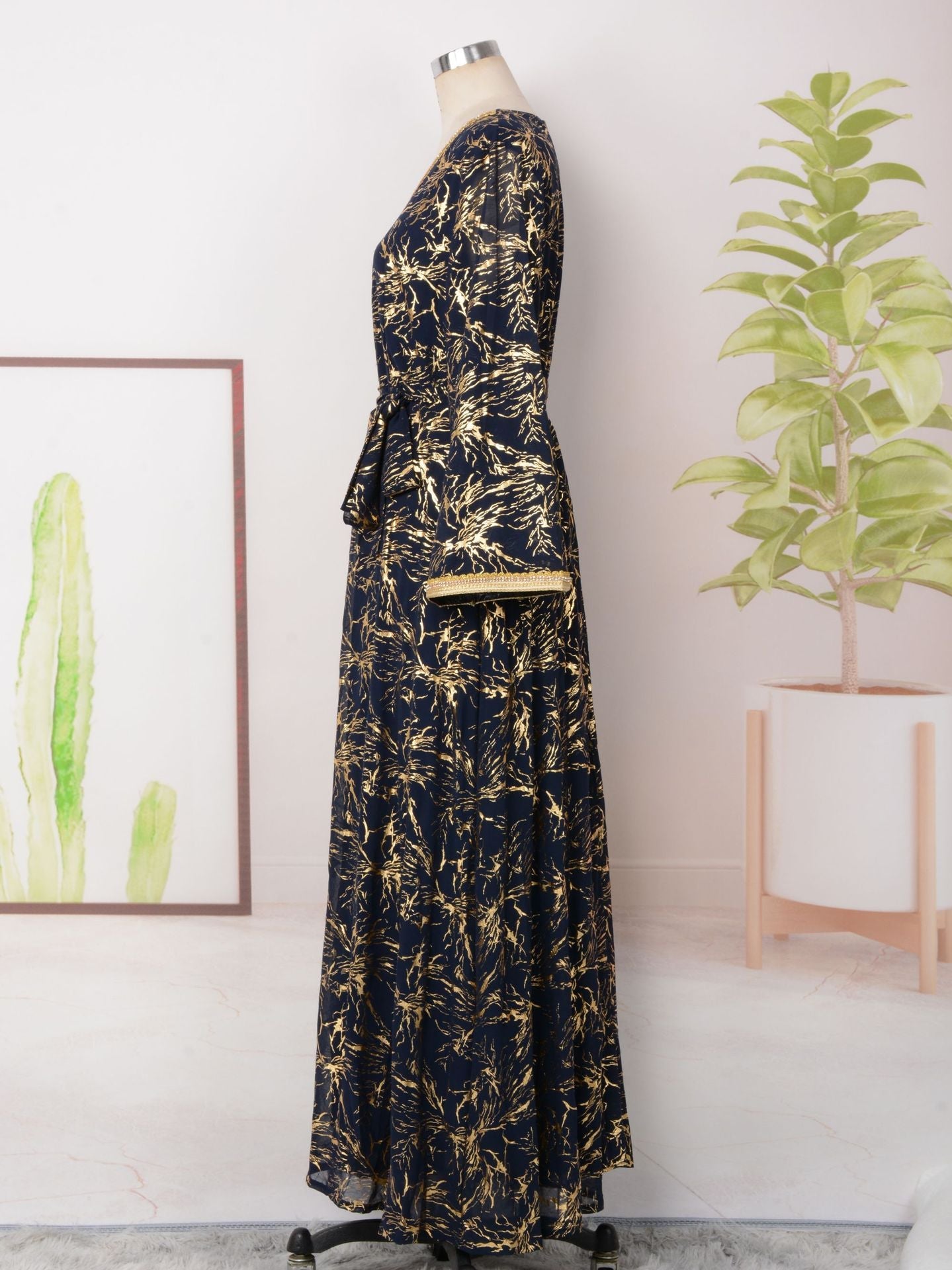 HS6731 V-neck gold-embroidered robe maxi dress
