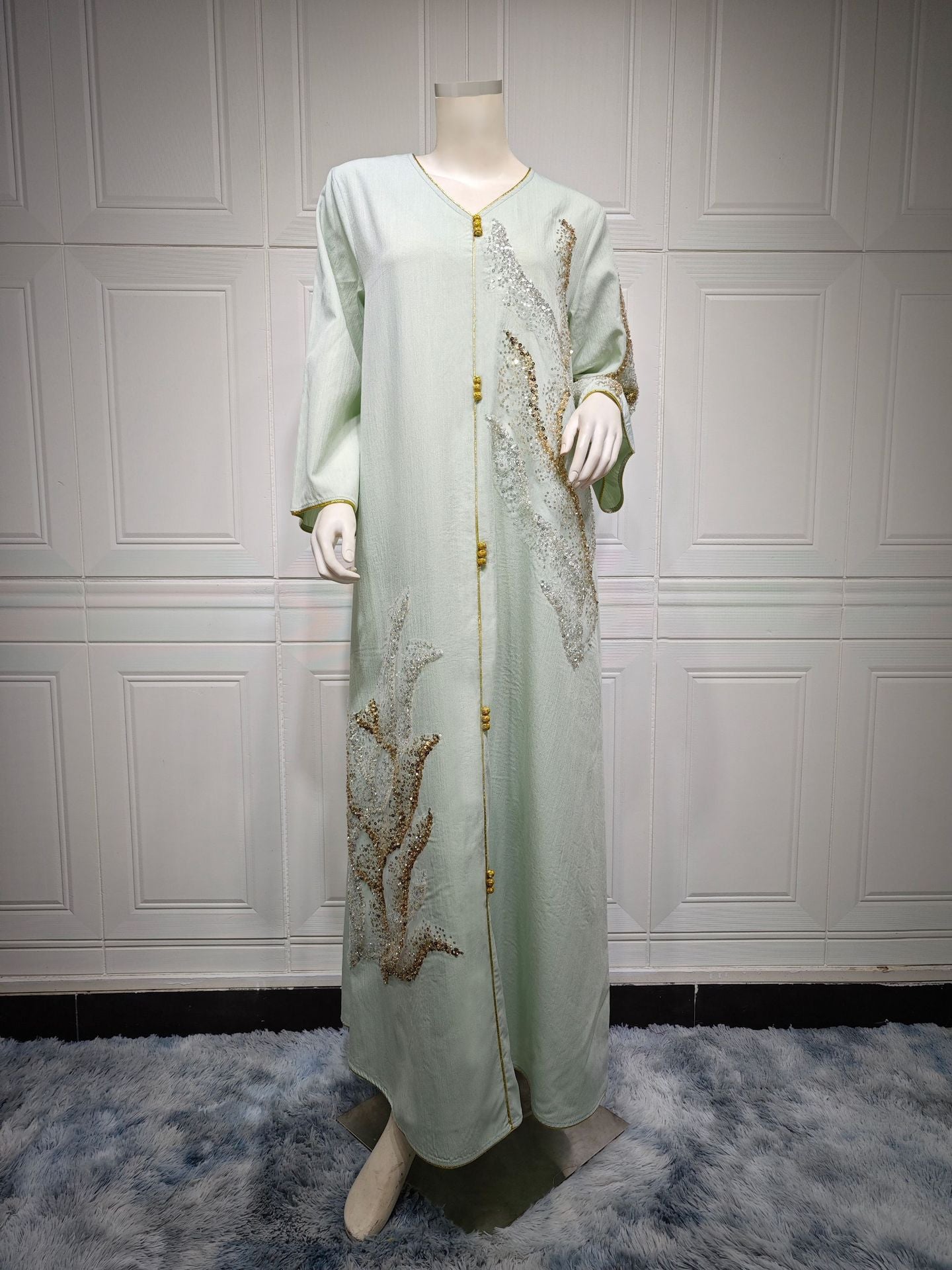HA6659  Long-sleeved Sequined Embroidered Patchwork Dress with A Light Silhouette and Soft Color Scheme.