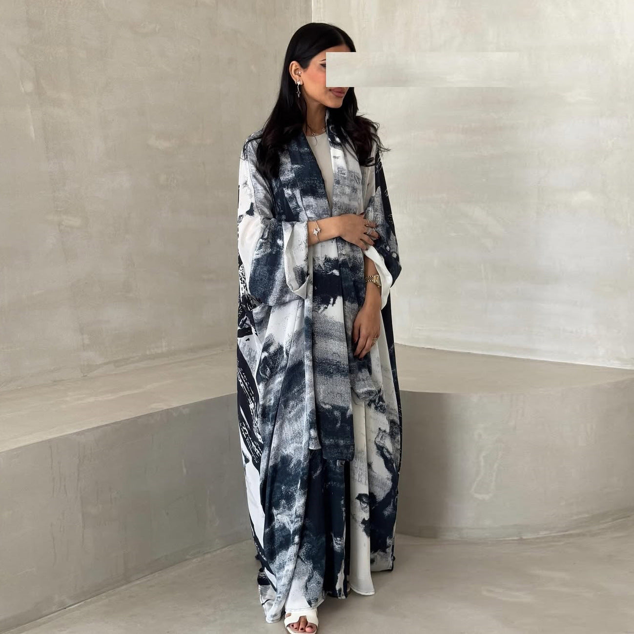 HA6638 Chiffon Printed Cardigan Two-piece Long Coat with Headscarf