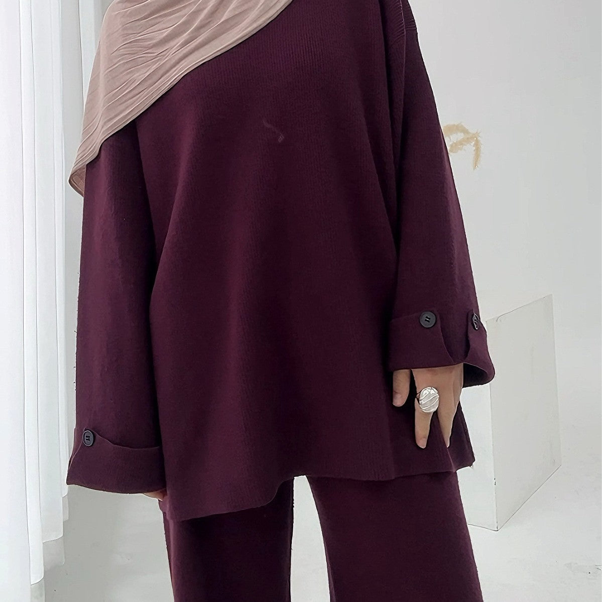 HA6600 Autumn and winter thickened knitted suit solid color two-piece suit (headscarf not included) cuff button design
