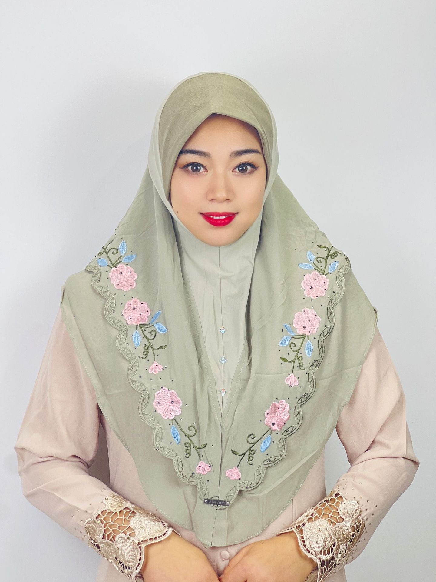 HAYA HA1105 Double Layered Floral Embroidered Lace Headscarf for Women