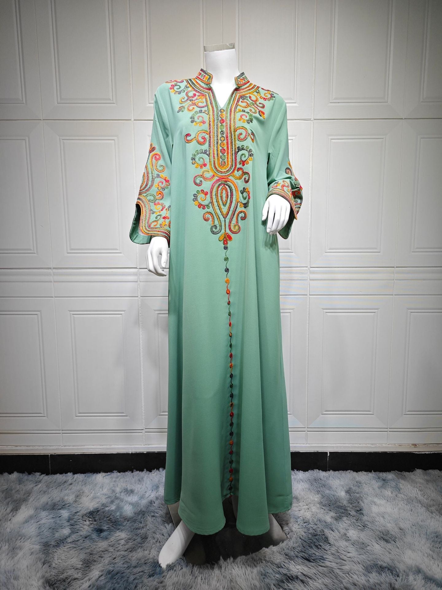 HA6652 Rope embroidery midi dress with elegant stand-up collar design