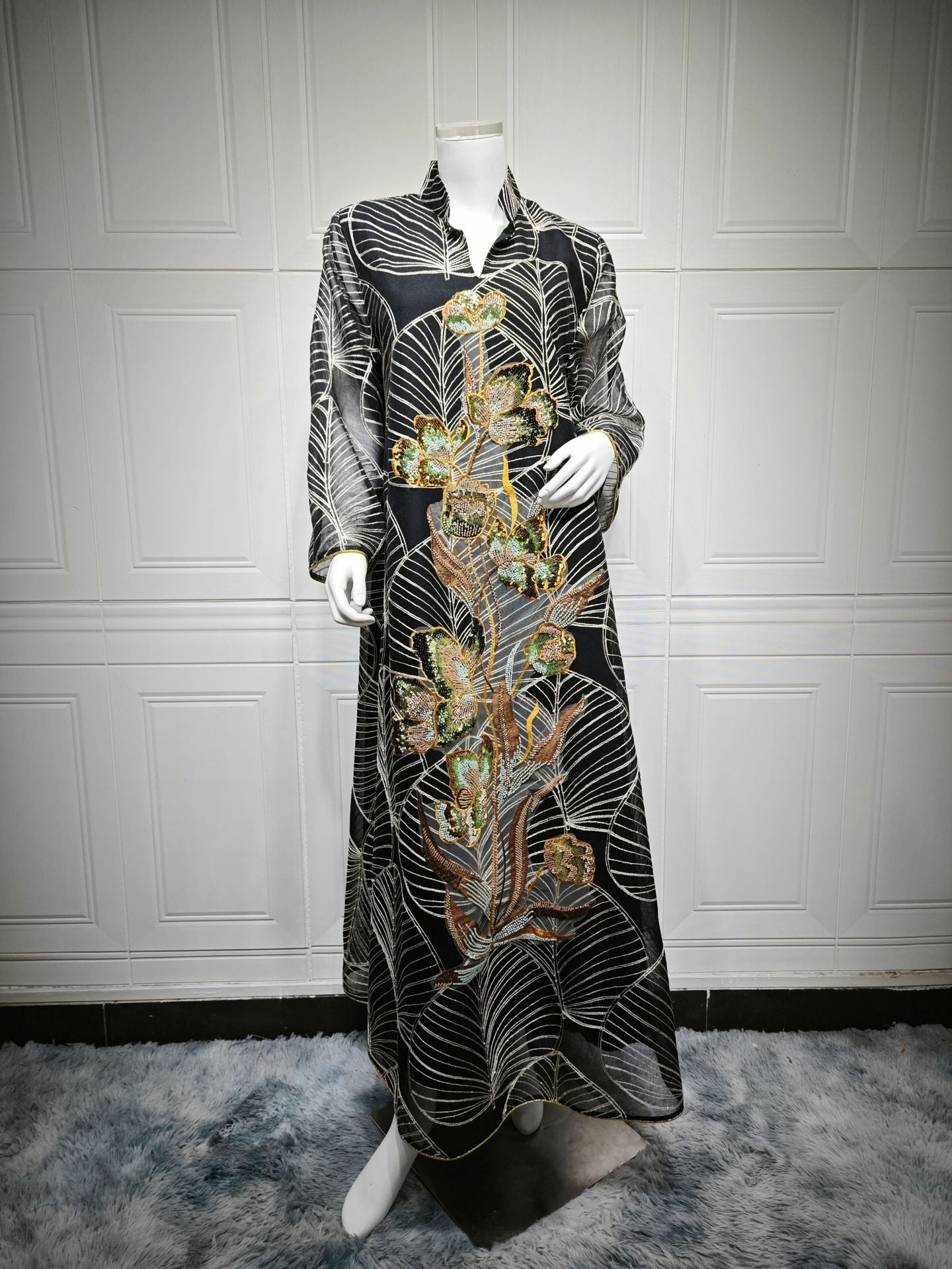 HA6657 Women's Long Robe Dress with Mesh Embroidery