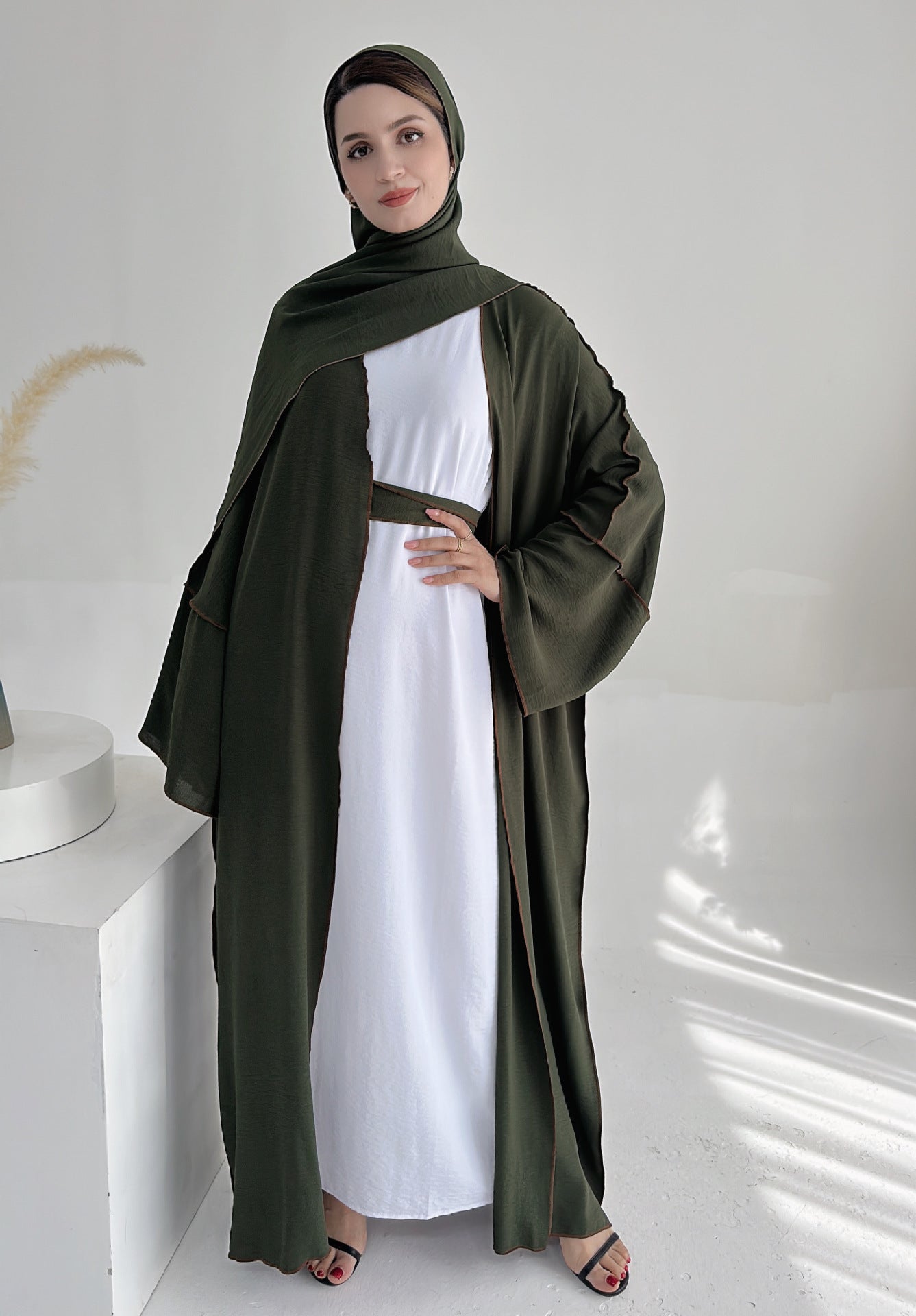 HASA HA1246H 2 PCS SET Crepe Solid Color Loose Hem Cardigan Robe with Hijab
