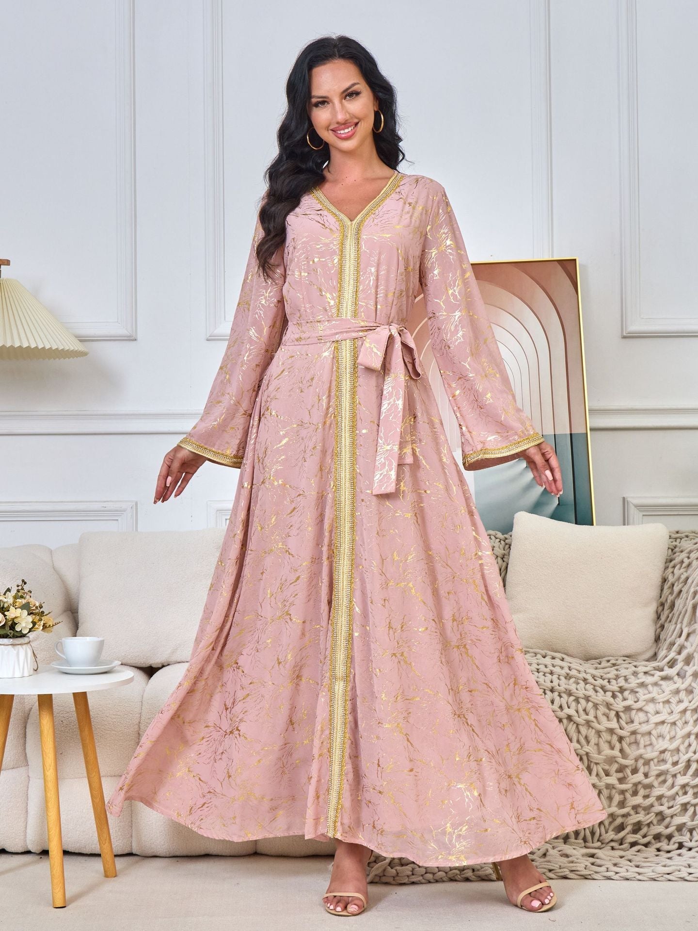 HS6731 V-neck gold-embroidered robe maxi dress