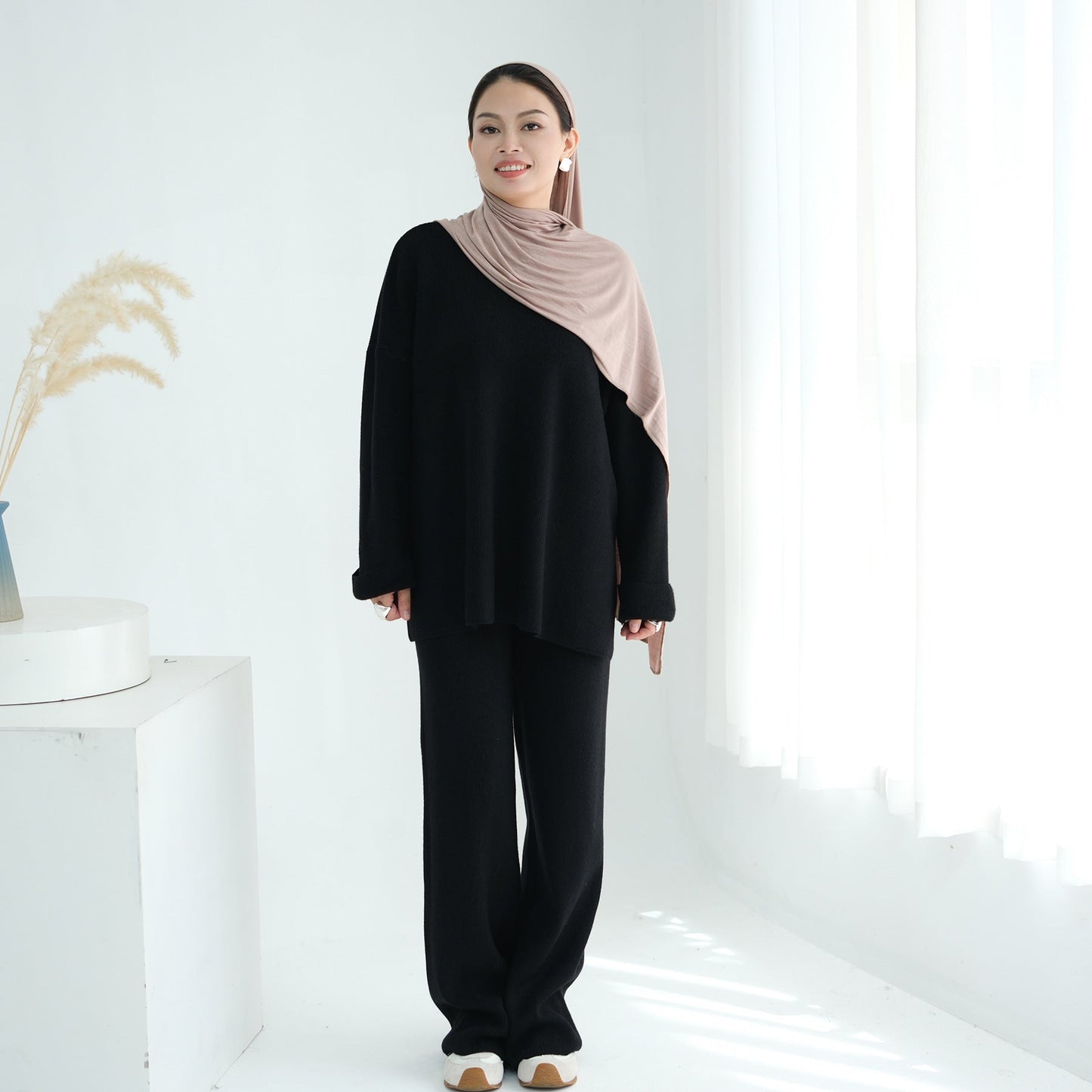 HA6599 Autumn and Winter Thickened Knitted Suit Solid Color Two-piece Suit (excluding Headscarf) Top + Trousers