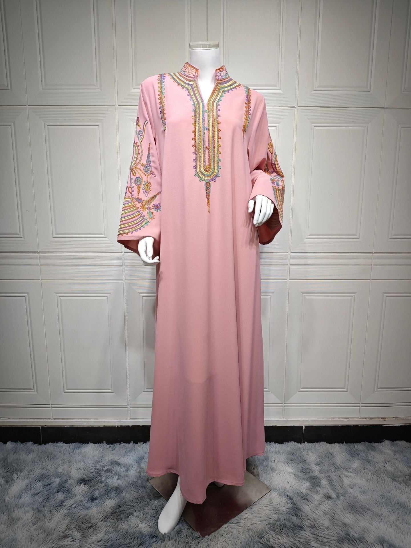 HA6661 Rope Embroidery Pullover Robe Dress, Long Sleeves, Loose Fit.