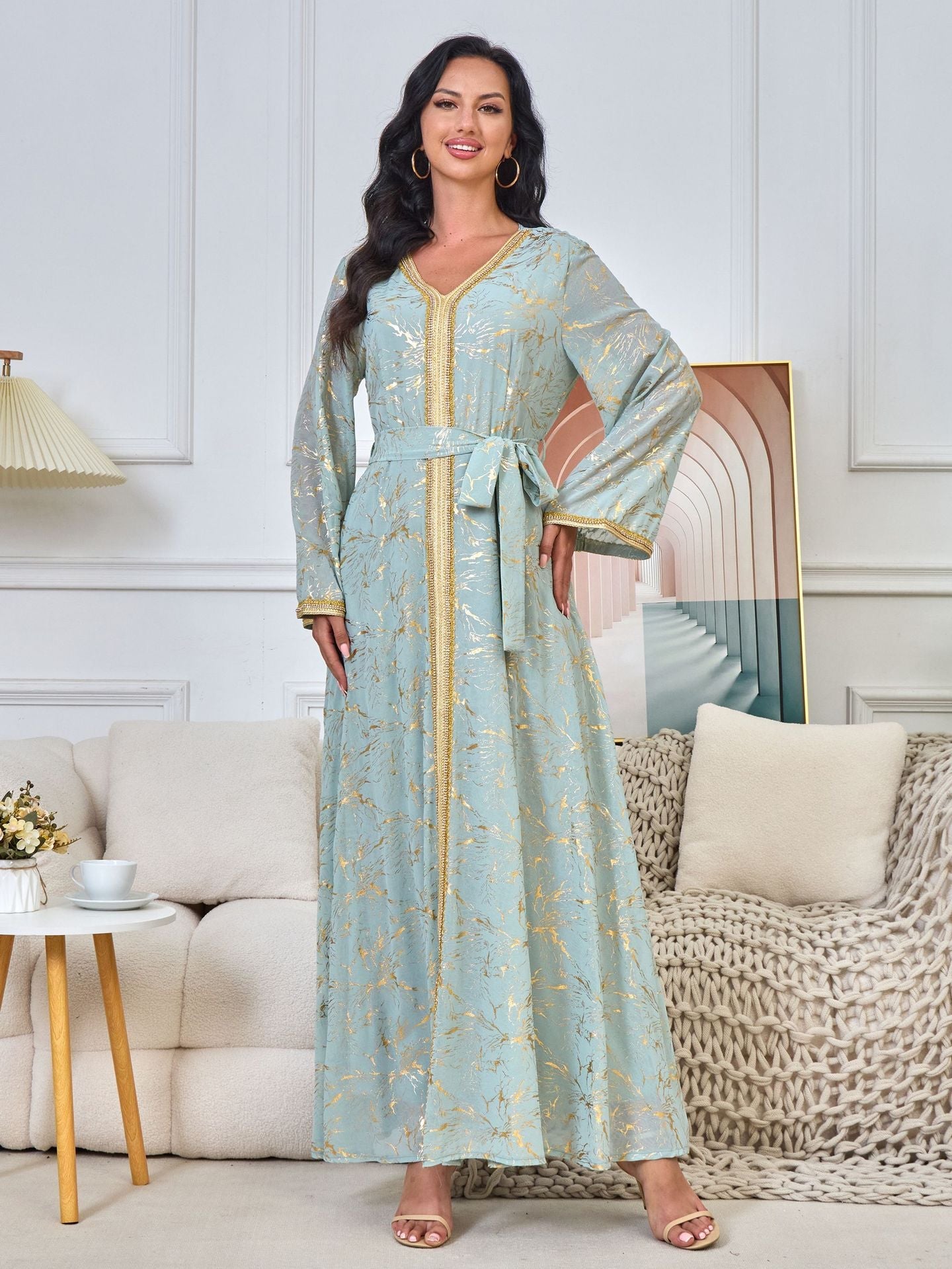 HS6731 V-neck gold-embroidered robe maxi dress