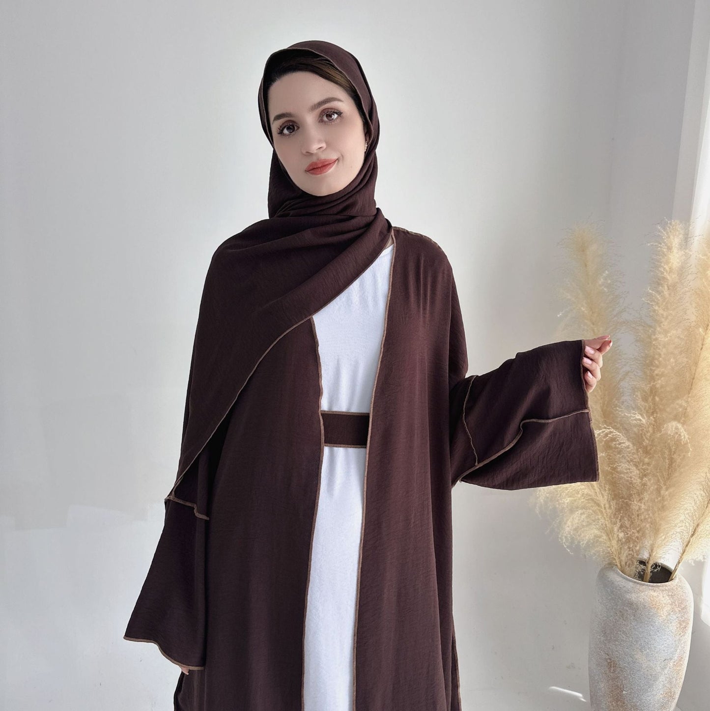 HASA HA1246H 2 PCS SET Crepe Solid Color Loose Hem Cardigan Robe with Hijab