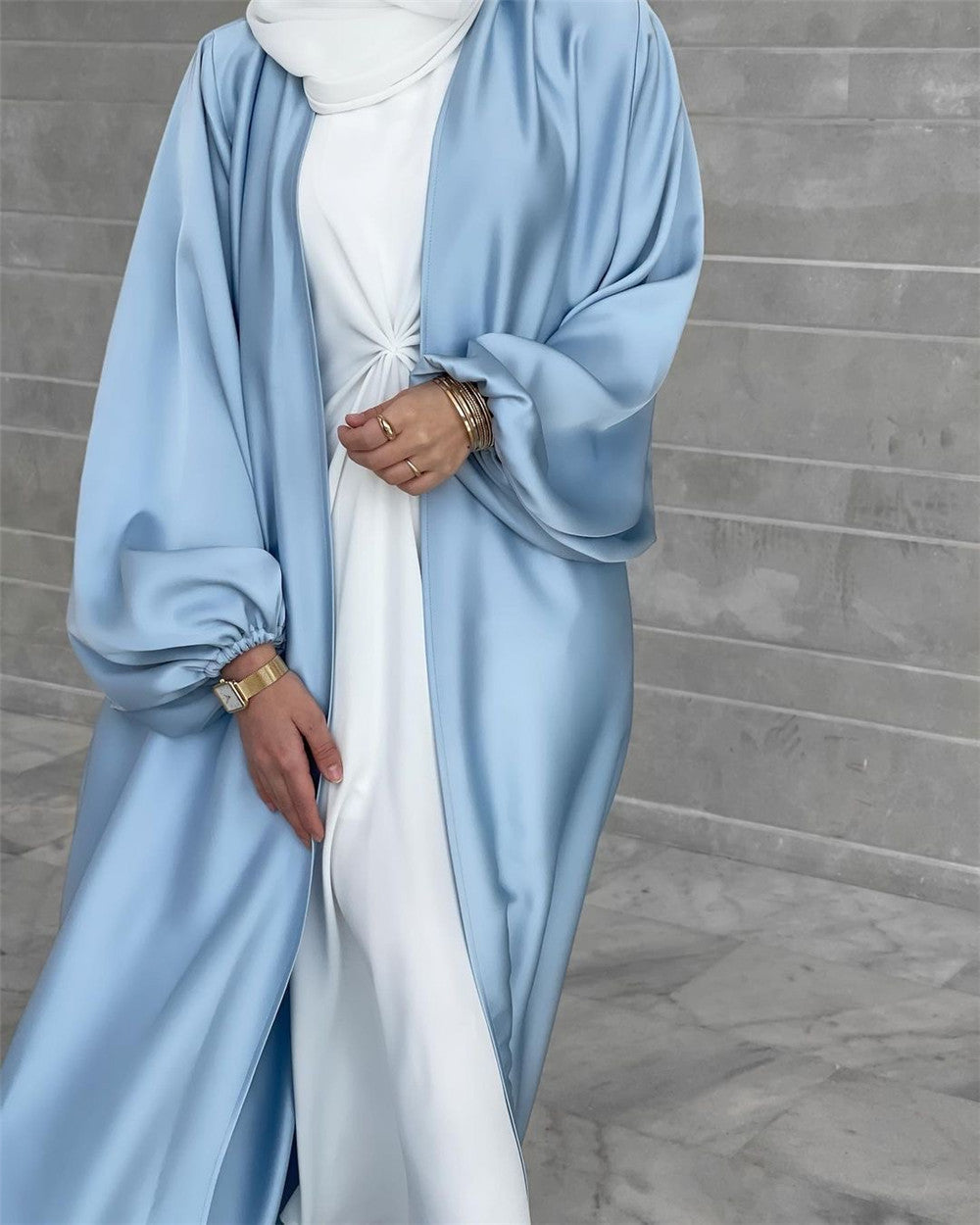 HAYA0481 Solid Color Satin Coat Robe Open Abaya