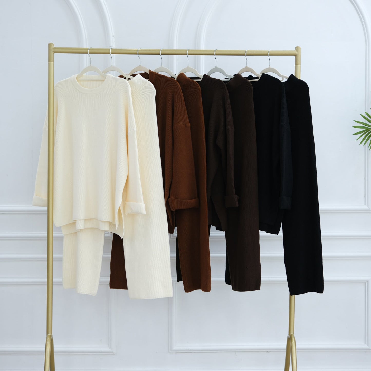 HA6599 Autumn and Winter Thickened Knitted Suit Solid Color Two-piece Suit (excluding Headscarf) Top + Trousers