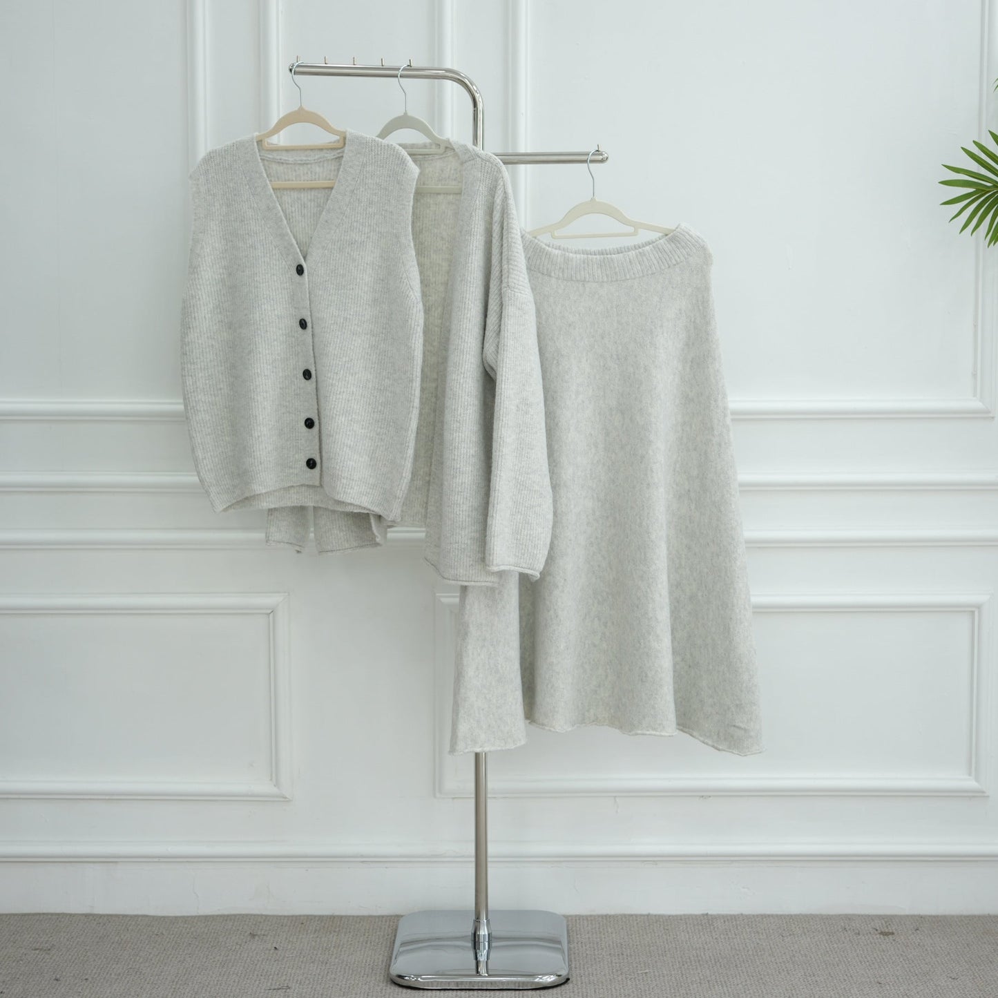 HA6596 Autumn and winter thickened knitted three-piece suit (excluding headscarf) vest + cardigan + skirt