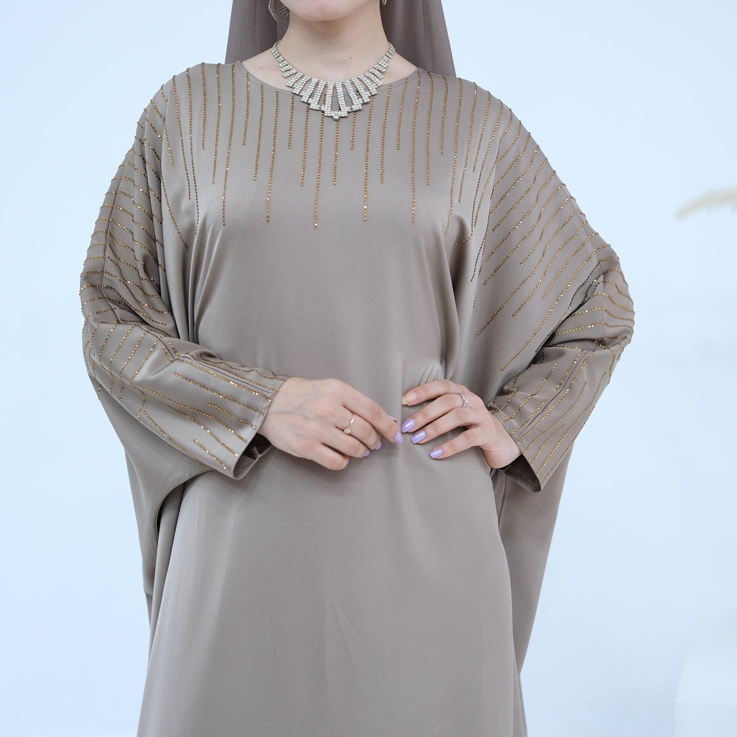 HA6610 Rhinestone-embellished long Abaya dress (headscarf not included)