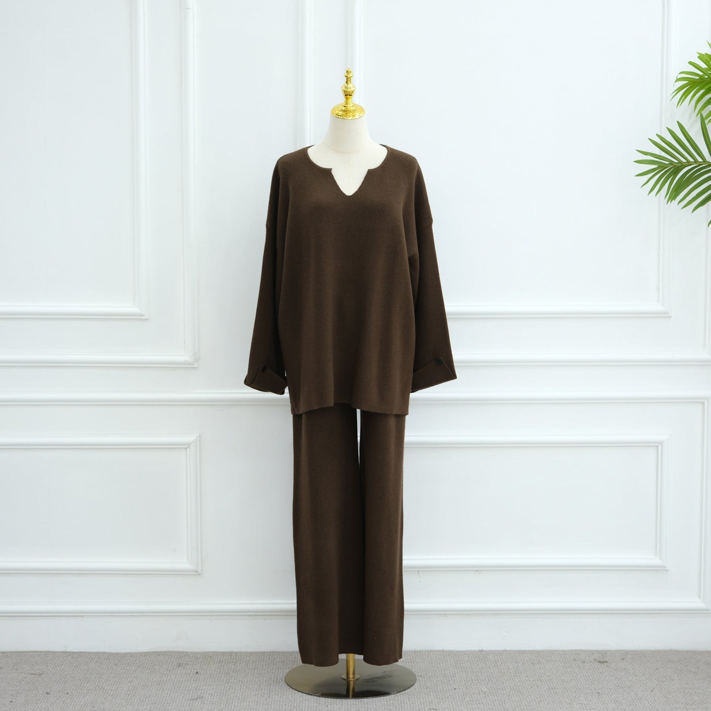 HA6600 Autumn and winter thickened knitted suit solid color two-piece suit (headscarf not included) cuff button design