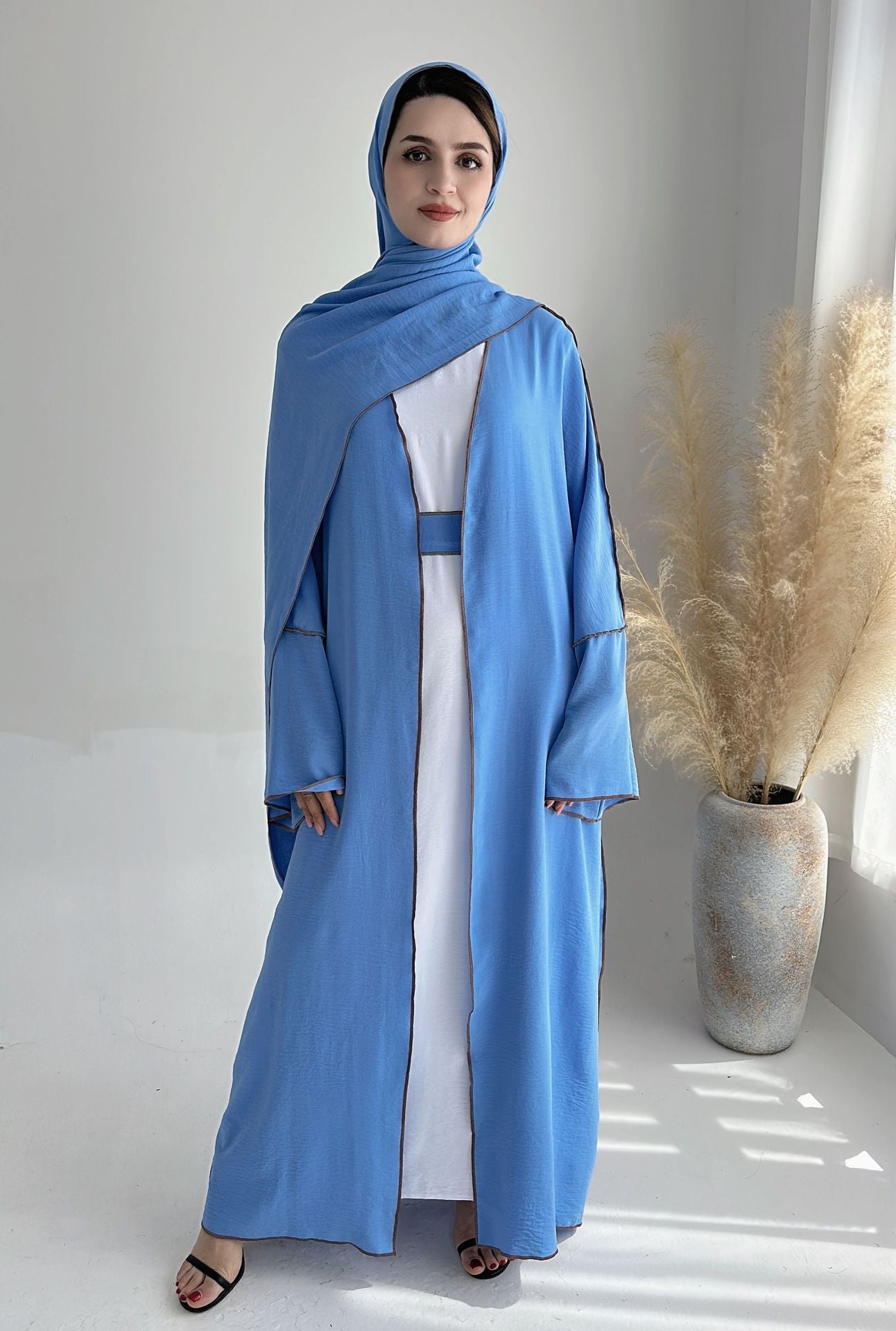 HASA HA1246H 2 PCS SET Crepe Solid Color Loose Hem Cardigan Robe with Hijab