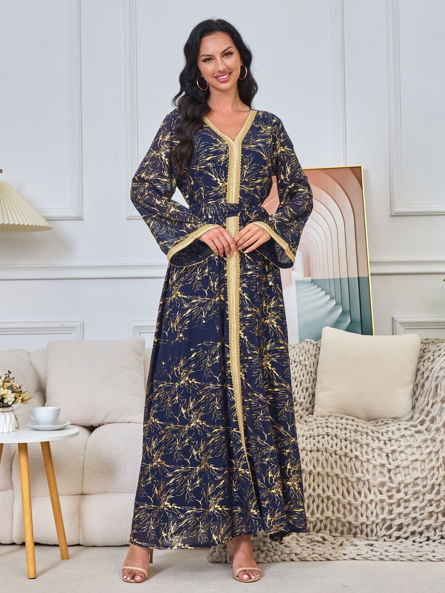 HS6731 V-neck gold-embroidered robe maxi dress