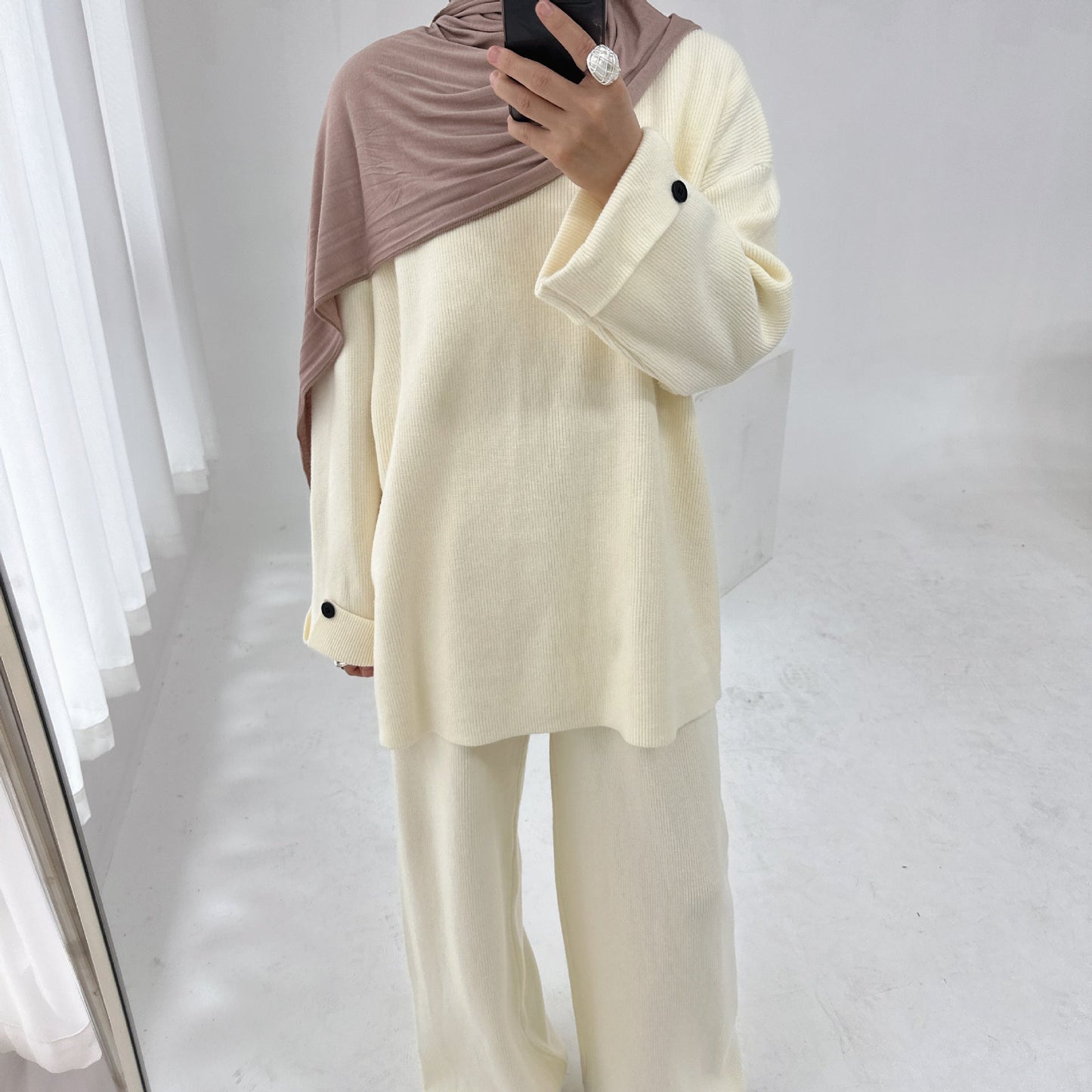 HA6600 Autumn and winter thickened knitted suit solid color two-piece suit (headscarf not included) cuff button design