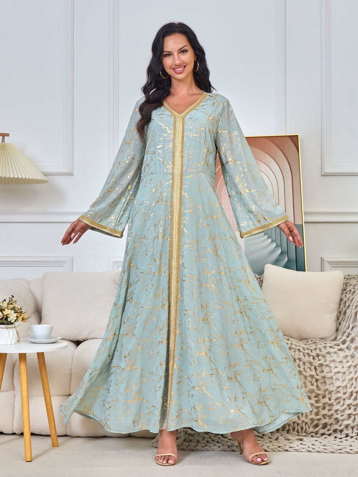 HS6731 V-neck gold-embroidered robe maxi dress