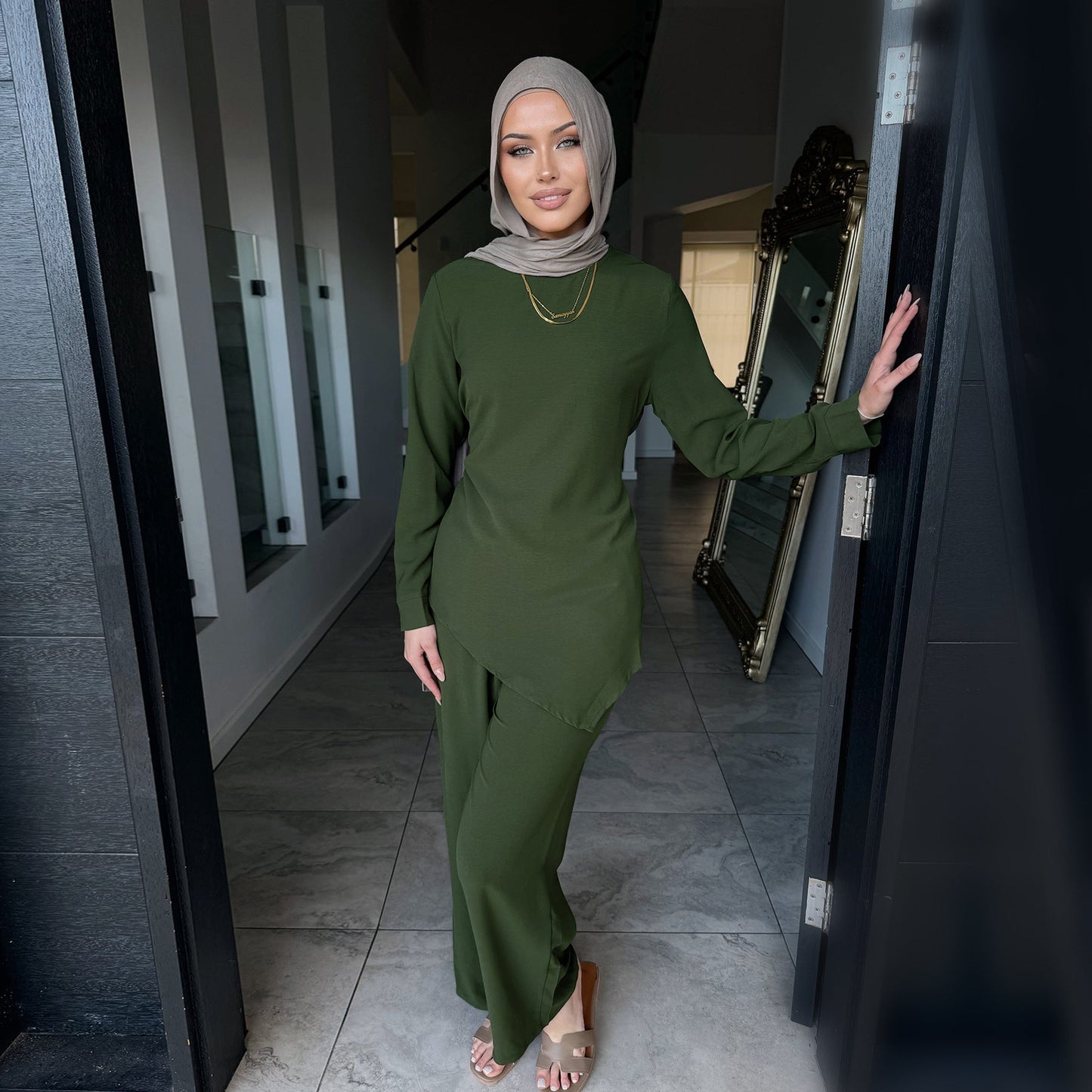 HA6614 Modest Nida Two-Piece Set with Waist Tie & Pocket Trousers