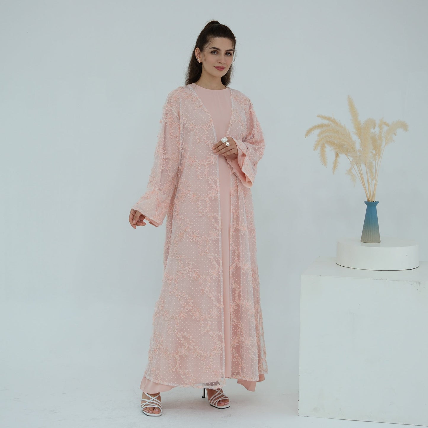 HA6622 3D flower mesh cardigan (optional headscarf and inner layer)