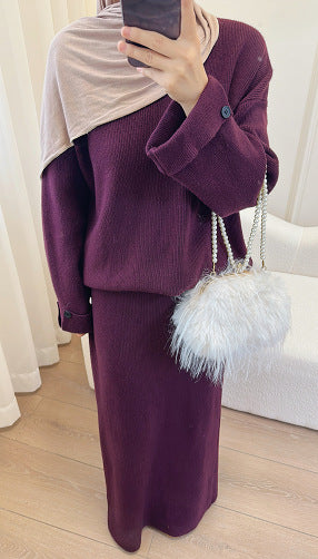 HA6597 Autumn and winter thickened knitted suit solid color two-piece suit (excluding headscarf) top + skirt