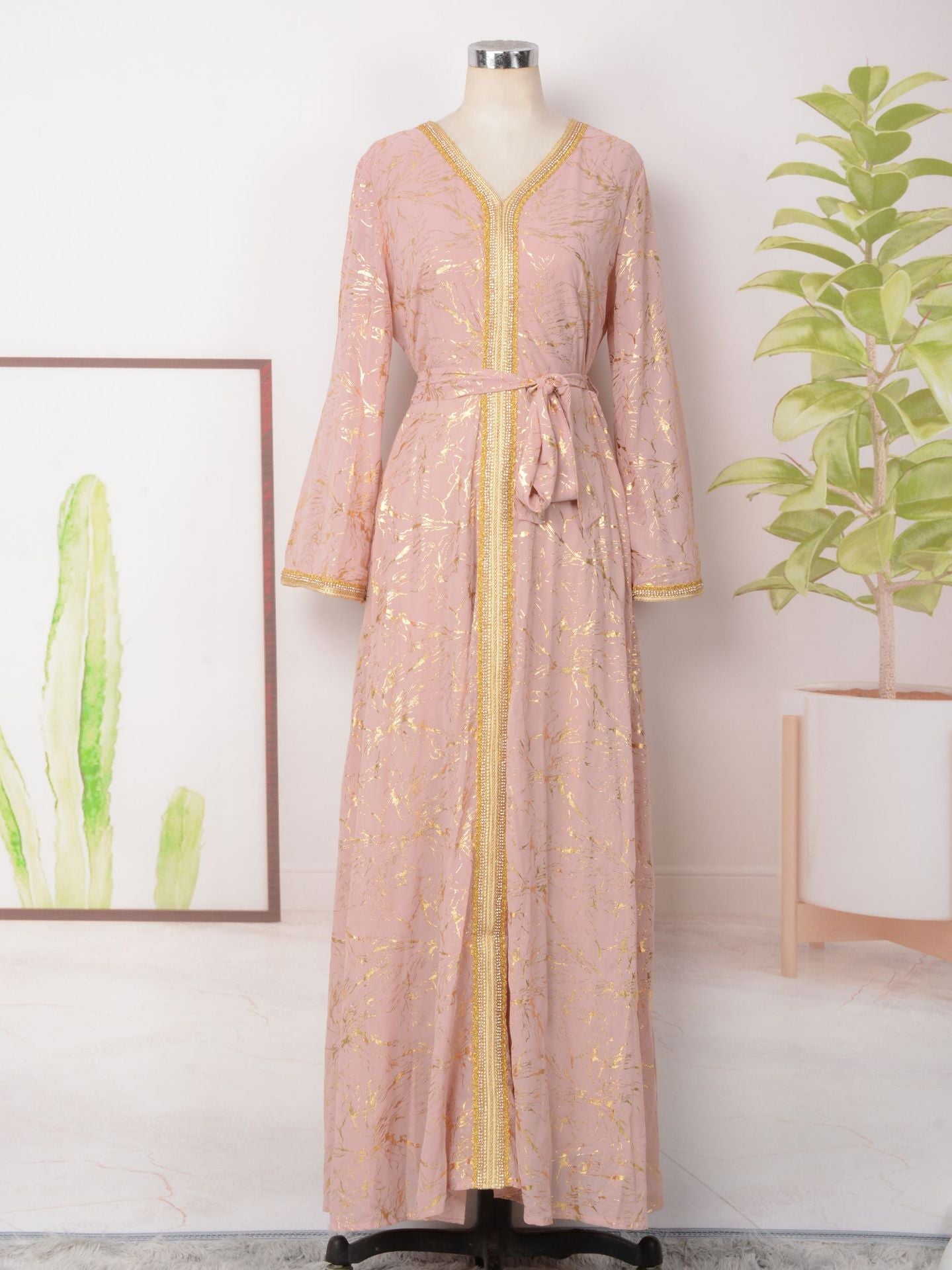 HS6731 V-neck gold-embroidered robe maxi dress