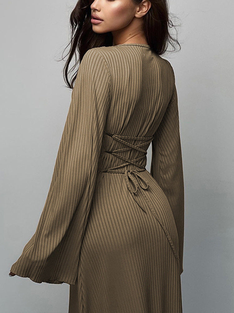 HAYA HAYA0676 Flared Long Sleeved High Waist Maxi Skirt with Lace-up Back