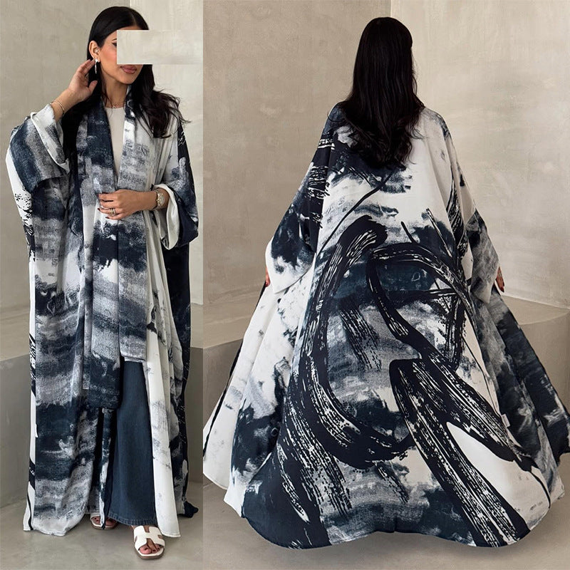 HA6638 Chiffon Printed Cardigan Two-piece Long Coat with Headscarf