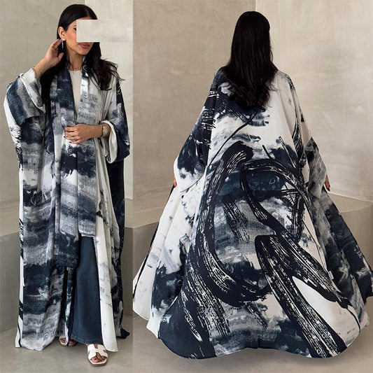 HA6638 Chiffon Printed Cardigan Two-piece Long Coat with Headscarf