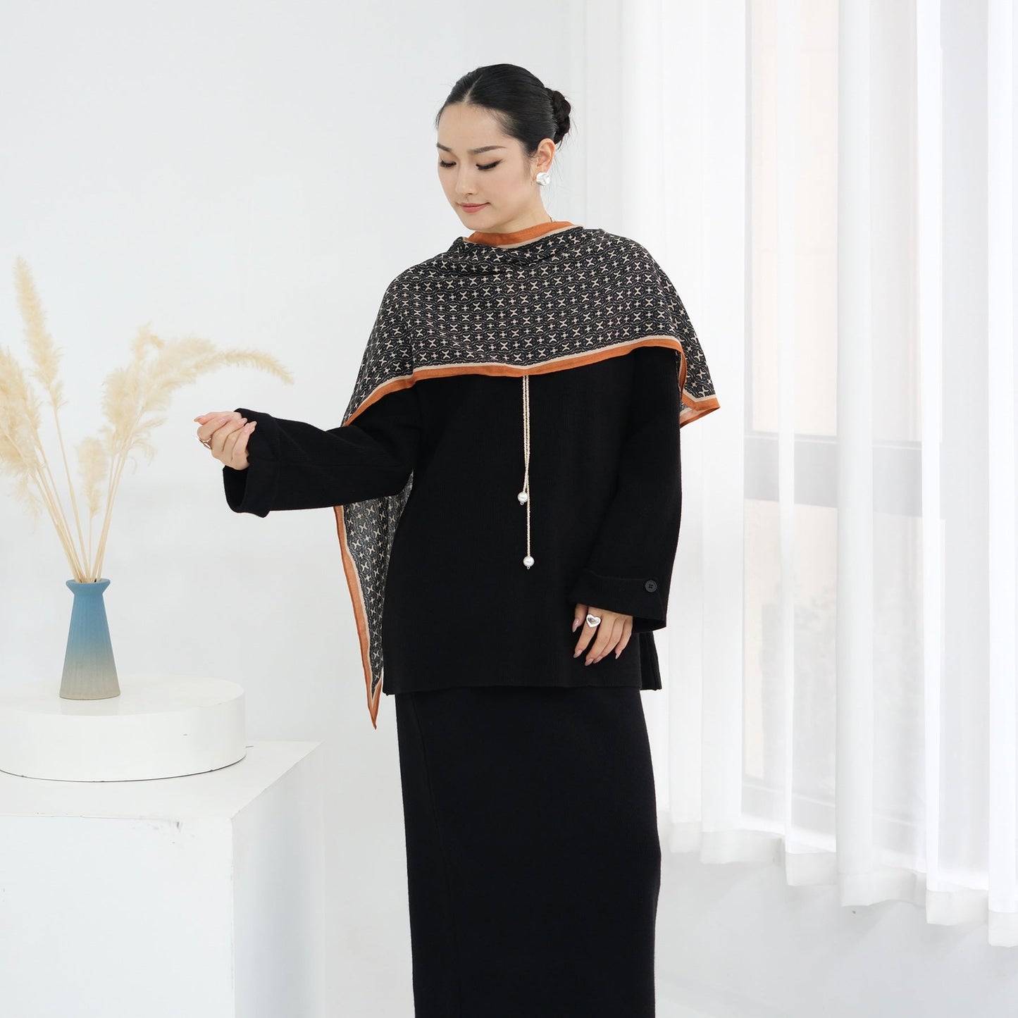 HA6601 Autumn and Winter Thickened Knitted Suit Solid Color Two-piece Skirt Suit (optional Headscarf)