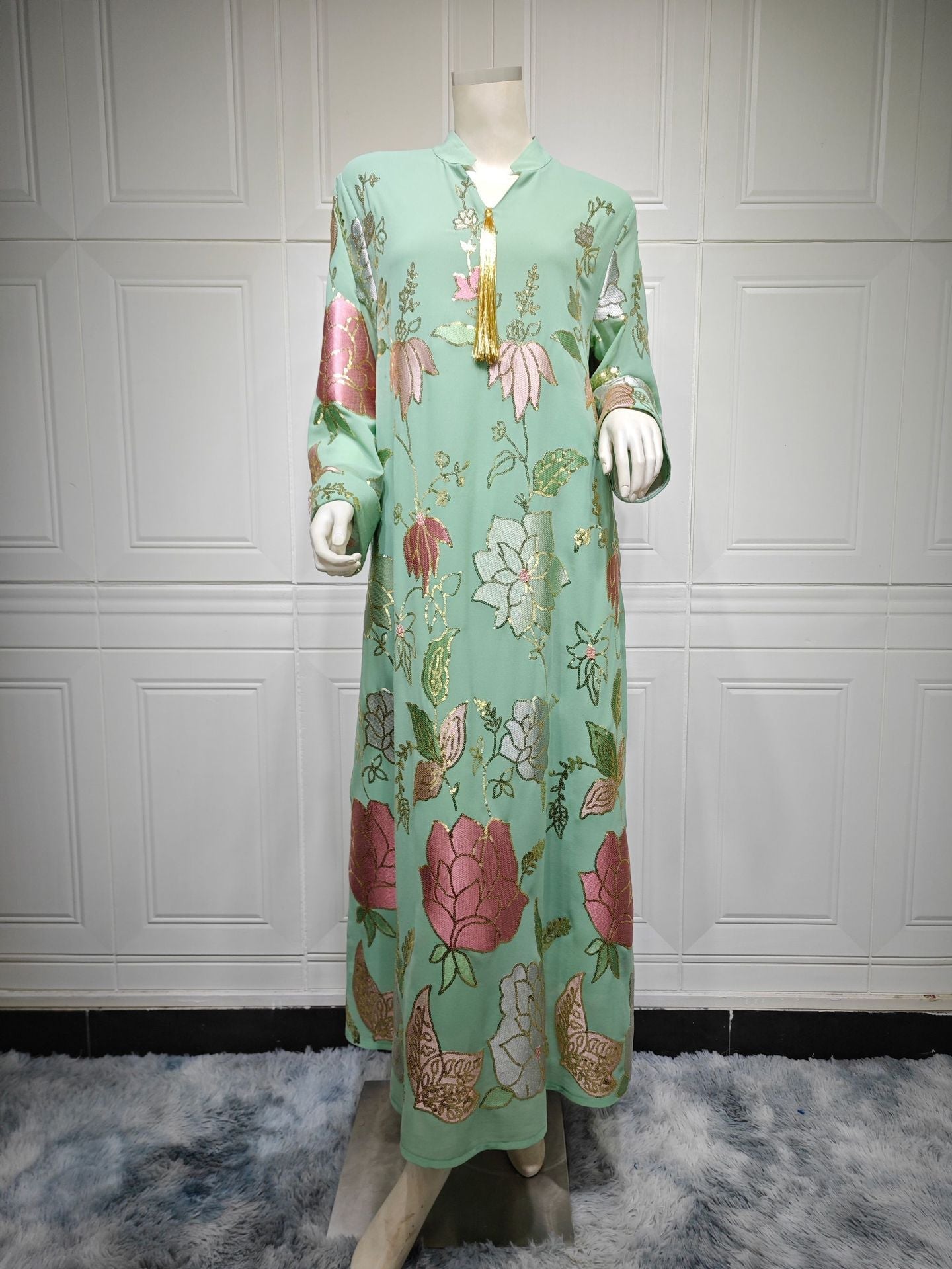 HA6649 Sequined Embroidered Tassel Long Robe, Elegant and Sophisticated Dress